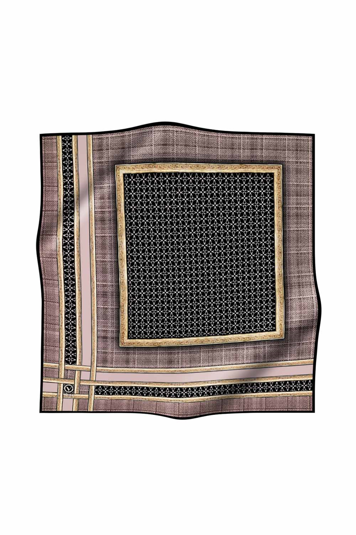 Twill Gold Bordürlü Geometrik Desenli Vizon Renkli 90x90 Eşarp (İpek İçermez) Kenar Dikiş Şekli El Dikişli