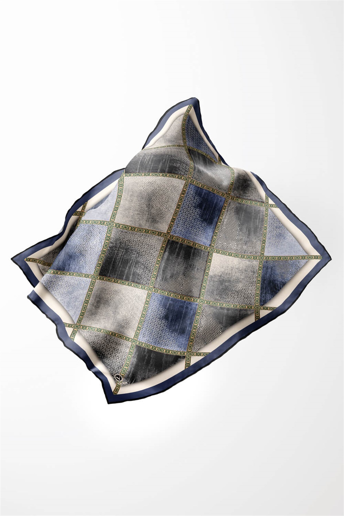 Twill Geometrik Desenli İndigo Renkli 90x90 Eşarp (İpek İçermez) Kenar Dikiş Şekli El Dikişli