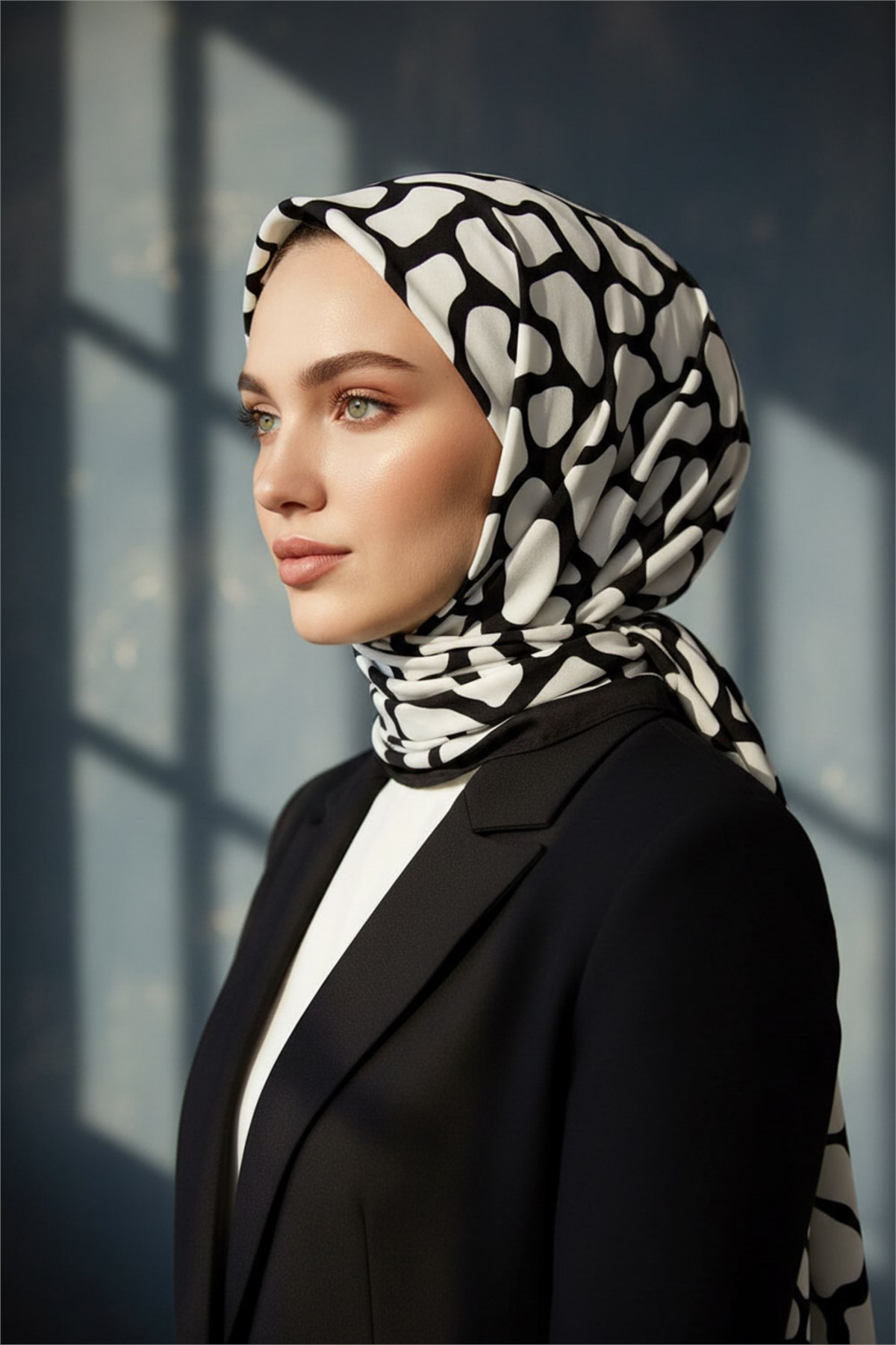 KREP GEOMETRİK DESENLİ SİYAH - BEYAZ RENKLİ 75X195 KIRIŞMAZ ŞAL