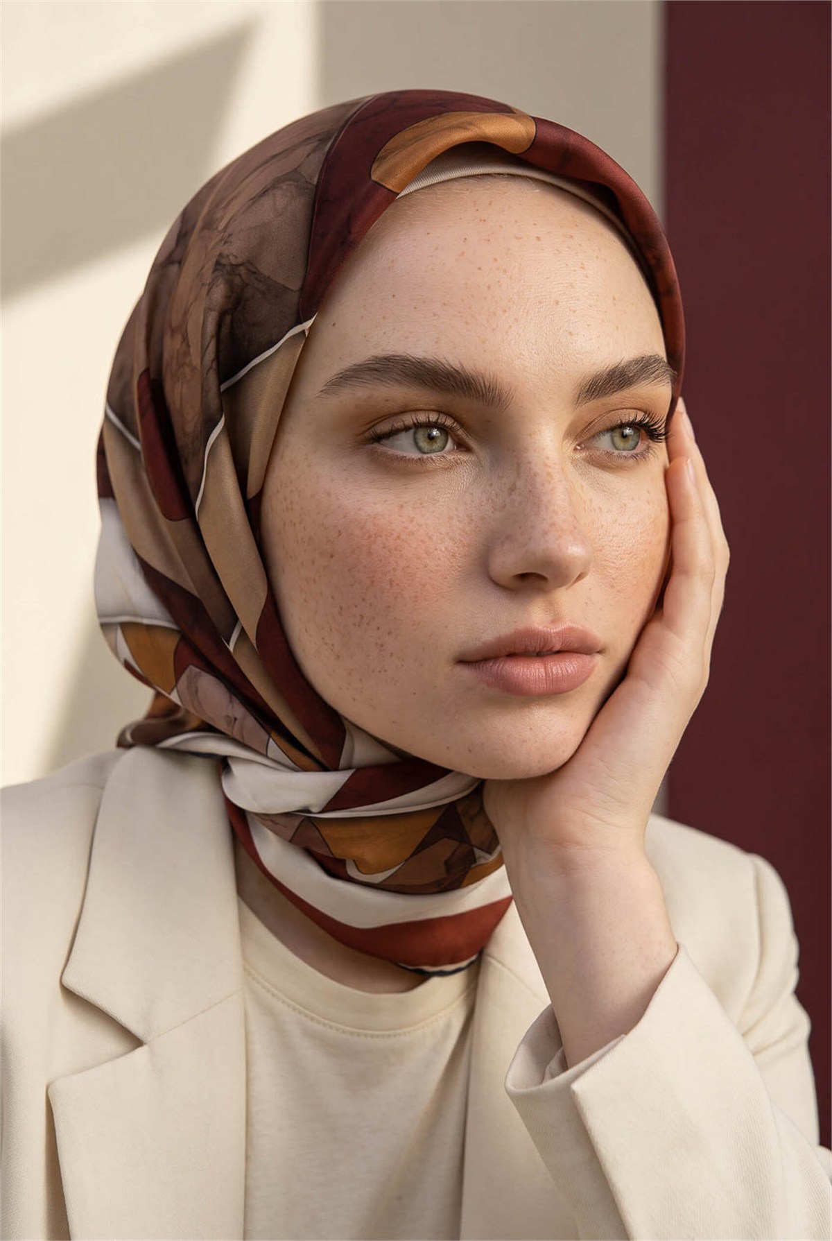 Rayon Geometrik Mermer Desenli Taba Renkli 90x90 Eşarp (İpek İçermez) Kenar Dikiş Şekli El Dikişli