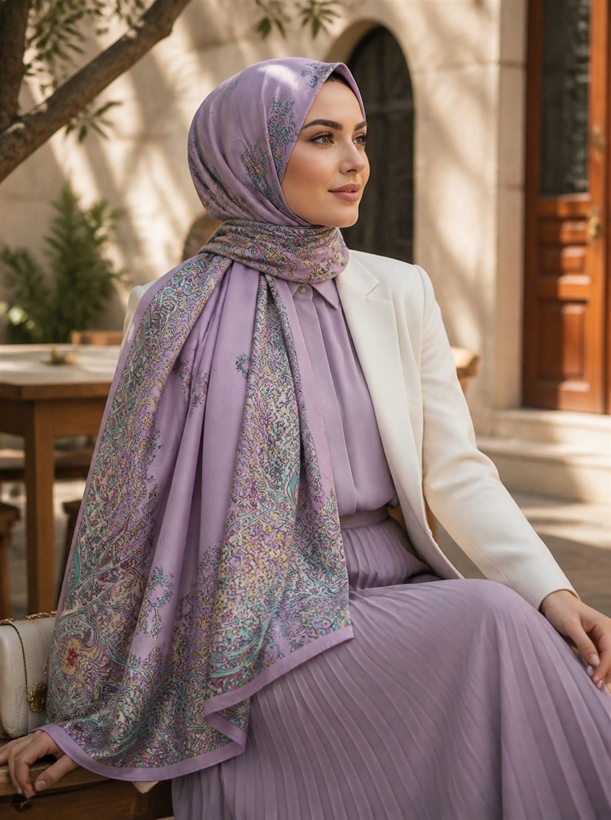 %100 Saf İpek Şal İnce Saten Vual Dokuma Etnik Desenli Pembe - Bej Renkli 90x210 Şal