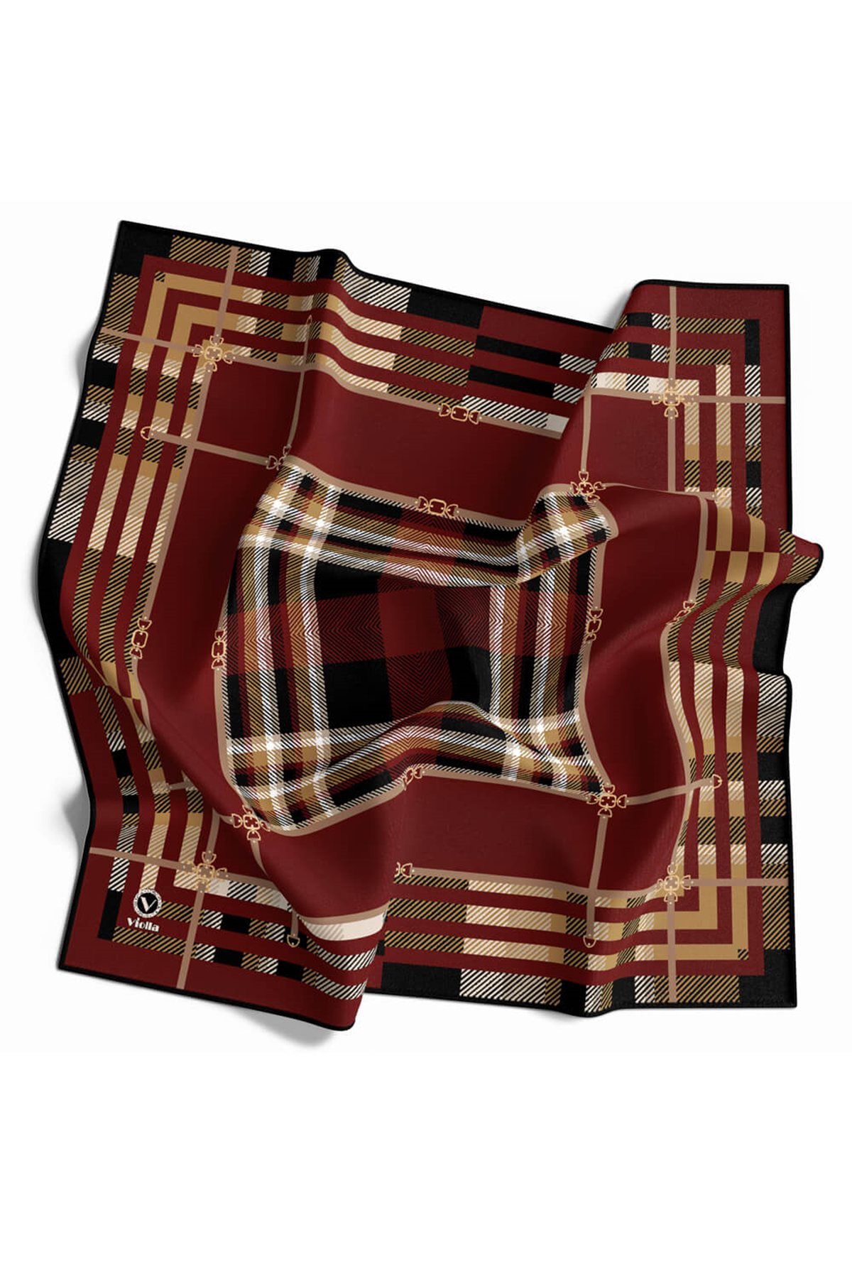 Twill Kemerli ve Ekose Desenli Bordo Renkli 90x90 Eşarp (İpek İçermez)Kenar Dikiş Şekli El Dikişli