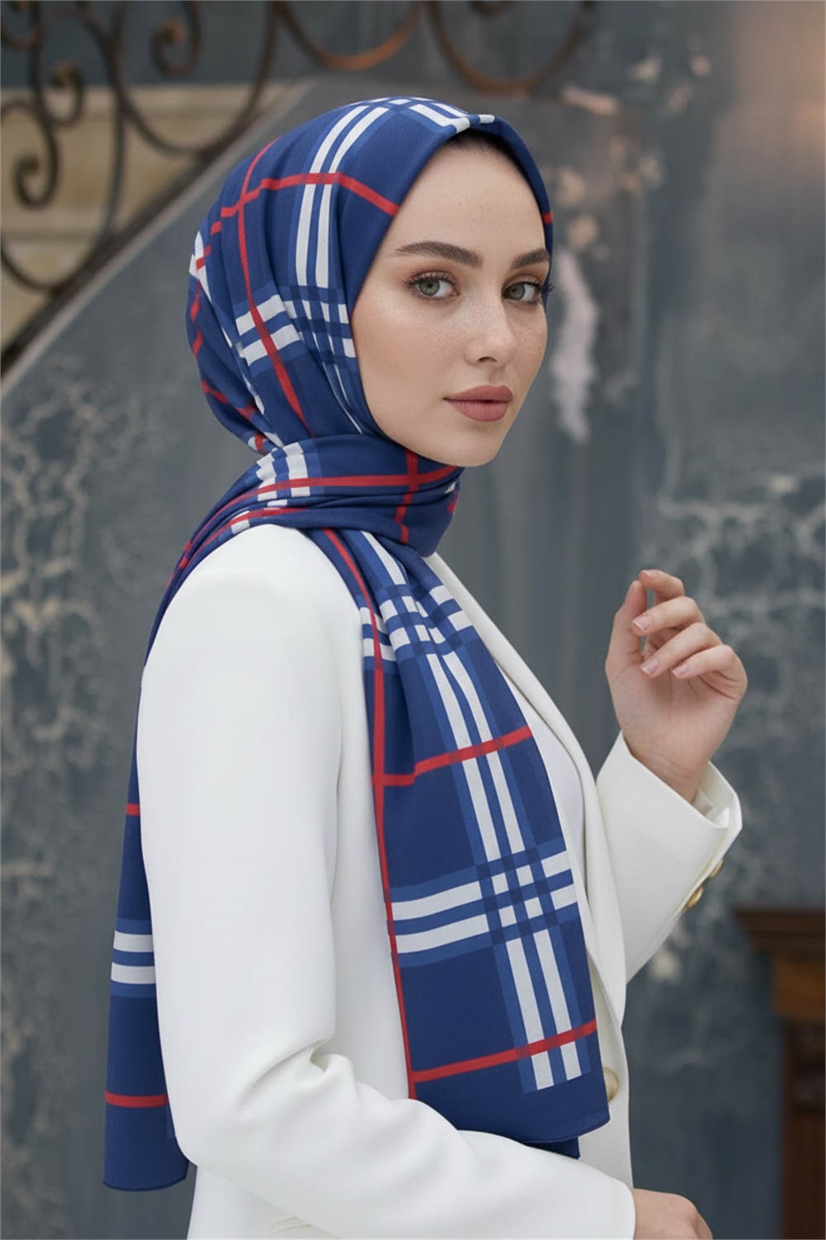 Krep Şal 75x195 Lacivert Ekose Desenli Kırışmaz Kadın Şal