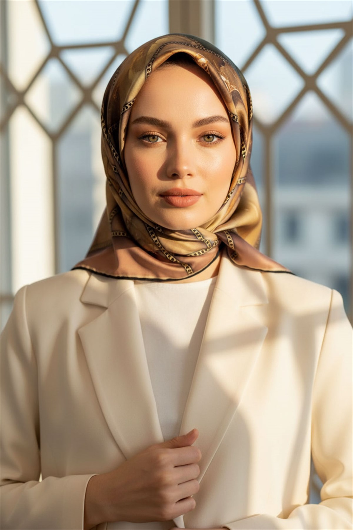%100 Twill İpek Efektli Bant Desenli Bakır - Bej Renkli 90x90 Eşarp Dikim Şekli : El Dikişi