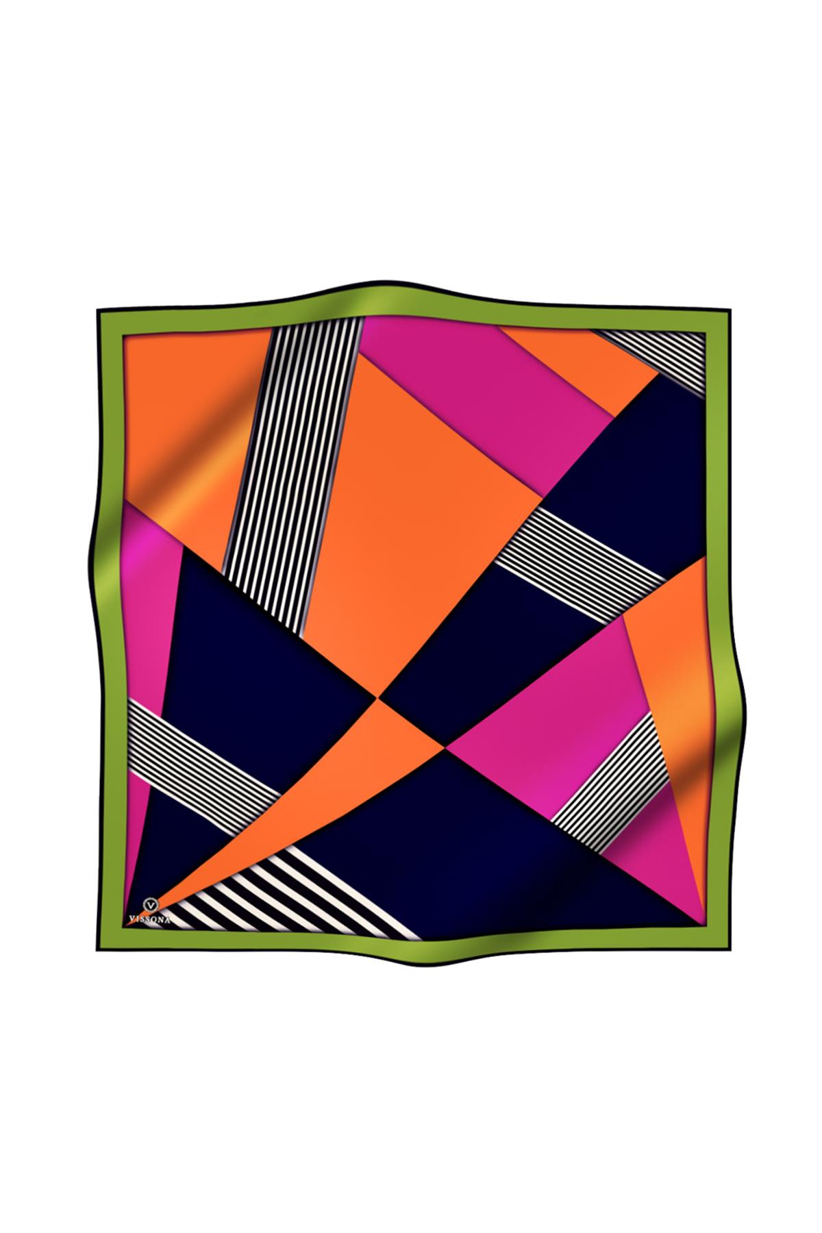 %100 Twill İpek Çizgili ve Geometrik Desenli Turuncu - Fıstık Yeşili Renkli 90x90 Eşarp Dikim Şekli : El Dikişi