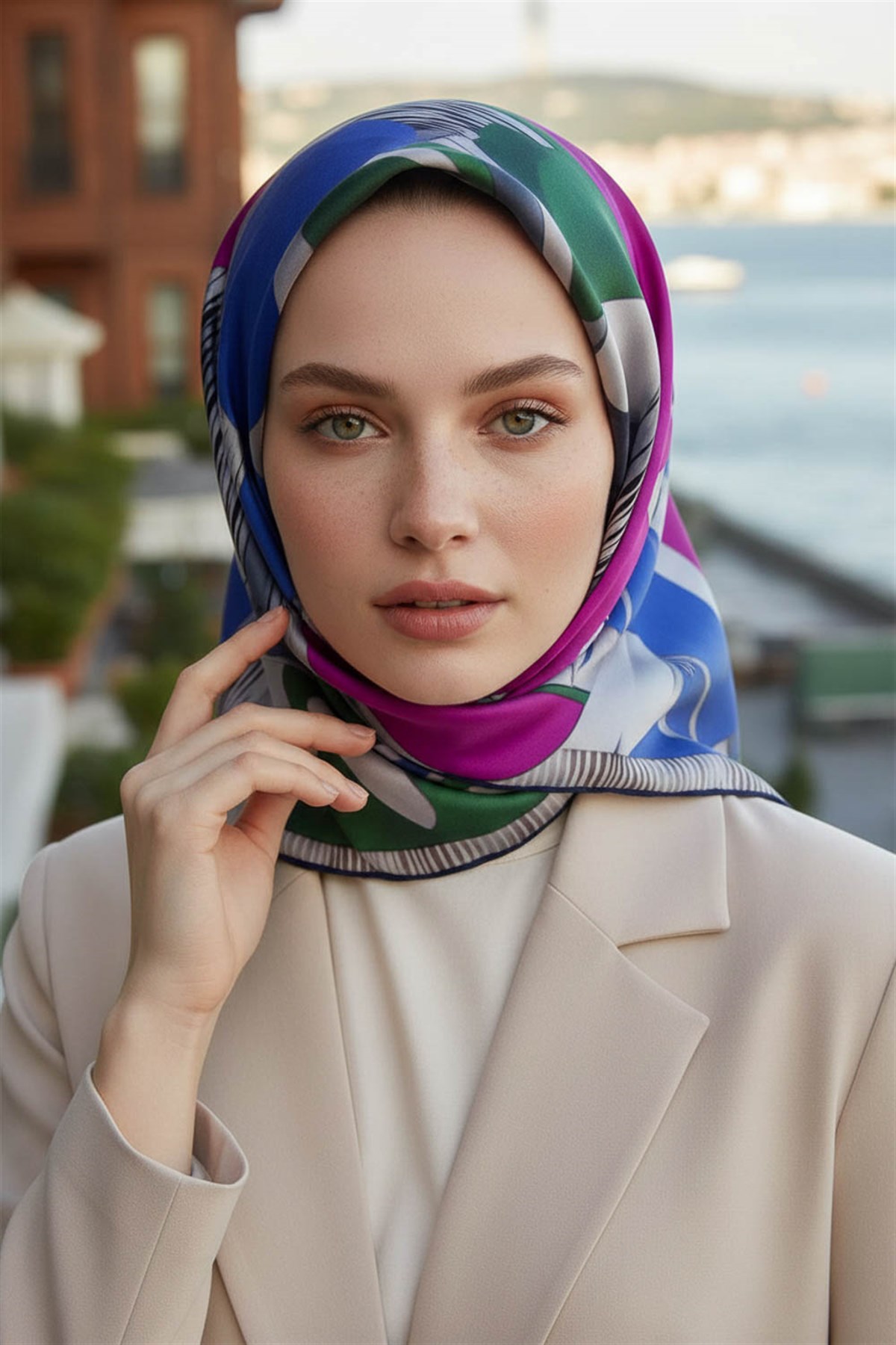 %100 Twill İpek Geometrik Desenli Fuşya - Saks Kabuğu Renkli 90x90 Eşarp Dikim Şekli : El Dikişi
