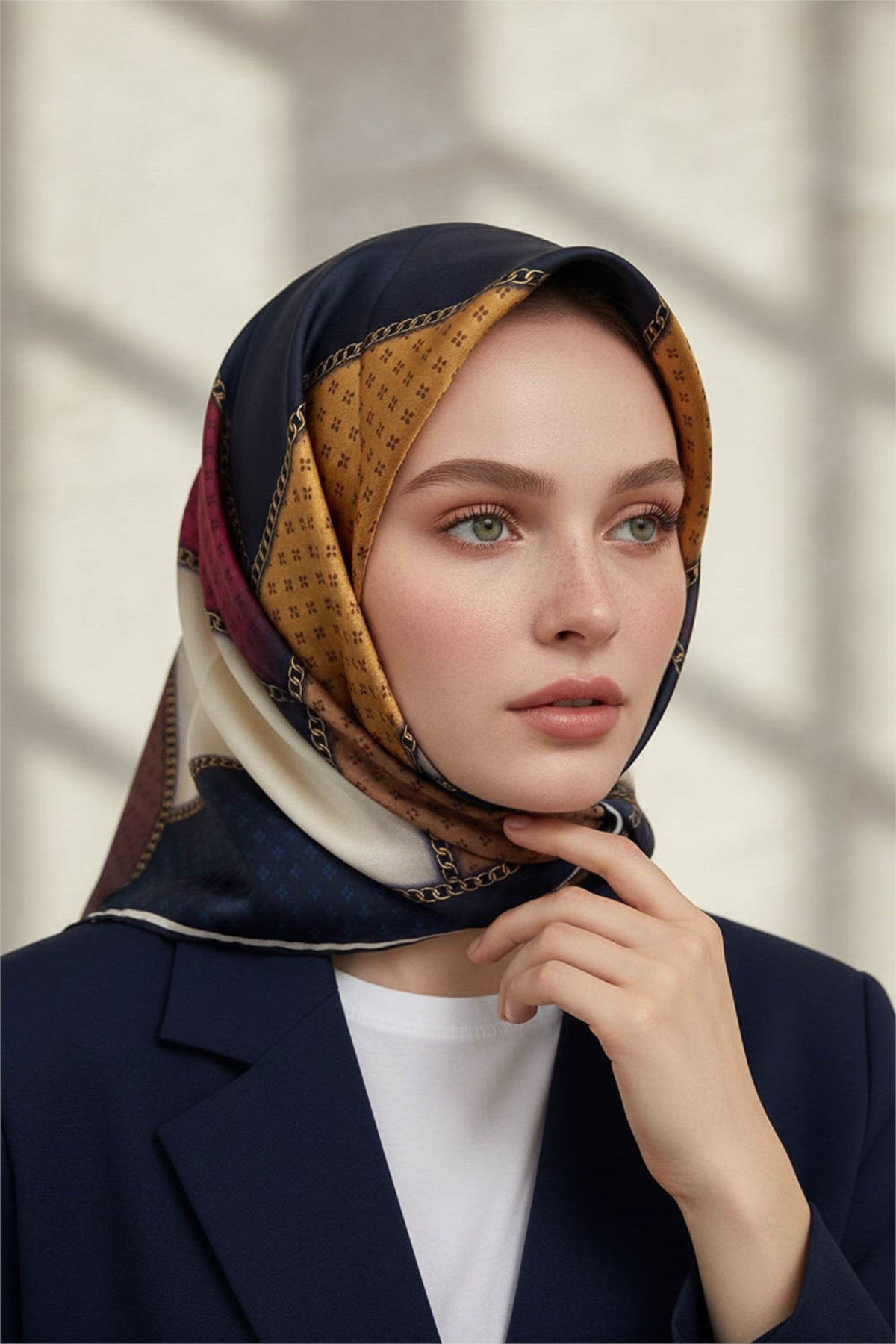 %100 Twill İpek Eşarp 90x90 Geometrik Kare Desenli El Dikişli Kadın Eşarp