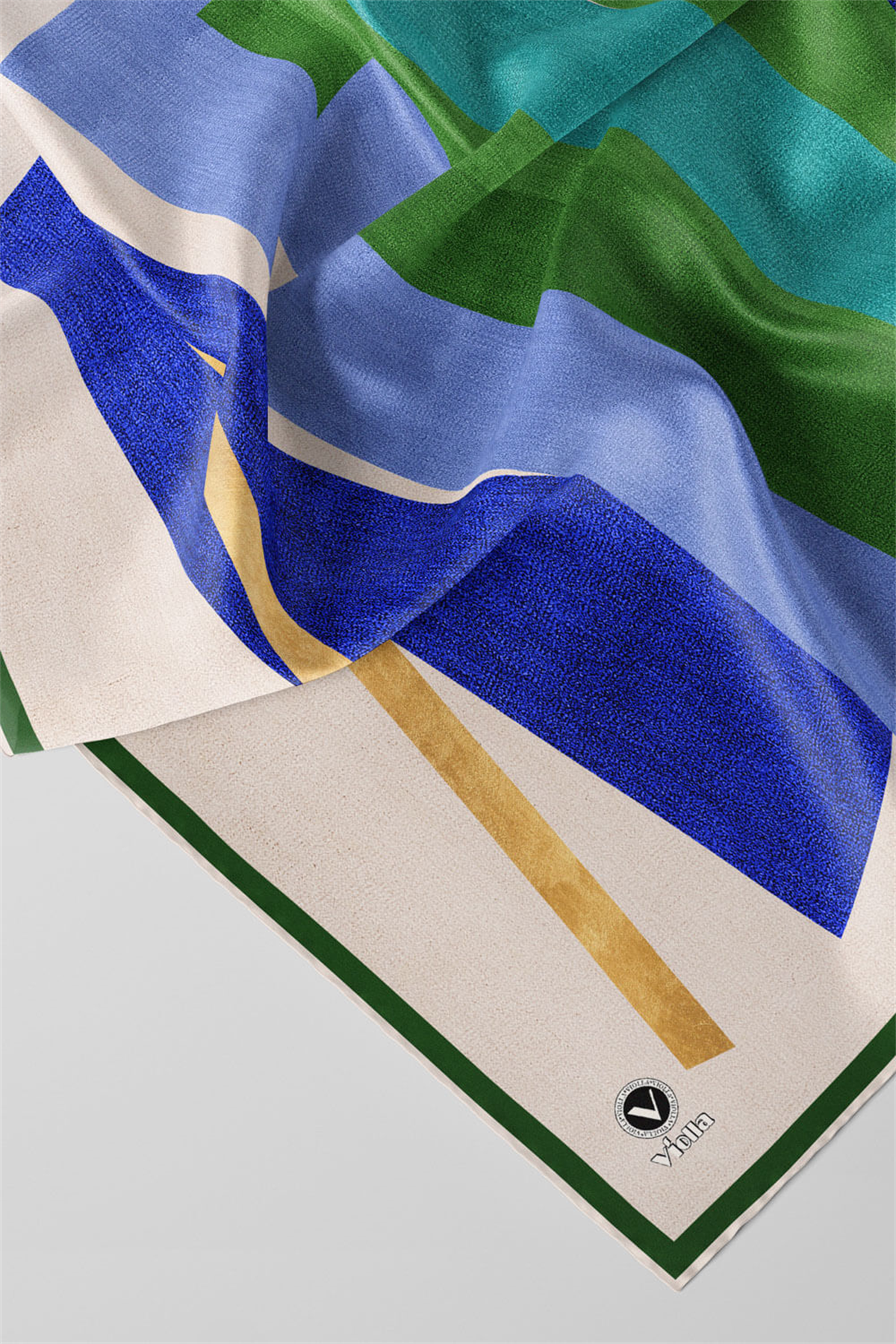 Twill Geometrik Desenli Zümrüt Yeşili - Saks Renkli 90x90 Eşarp (İpek İçermez) Kenar Dikiş Şekli El Dikişli