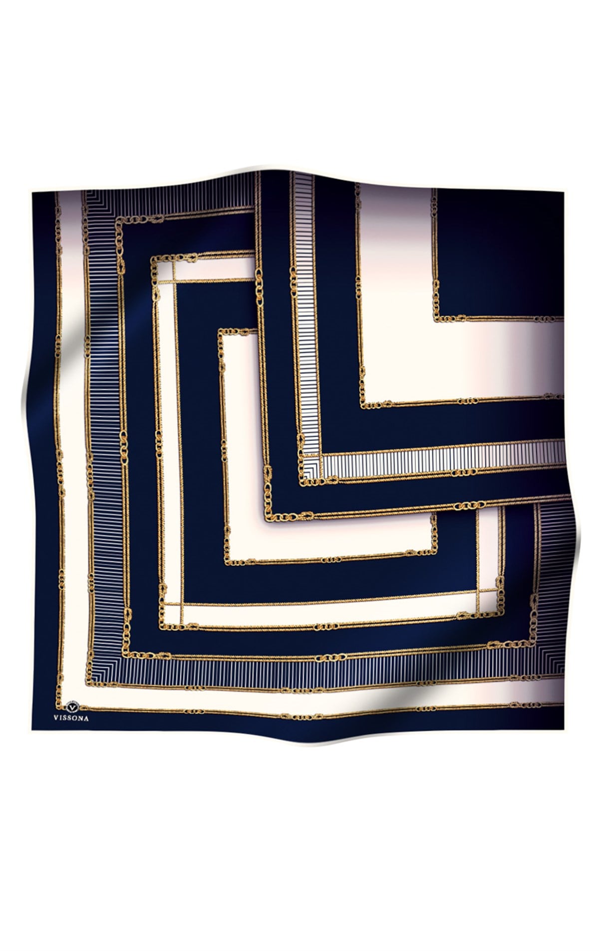 % 57 İPEK % 43 VİSKON Twill İpek Zincir Detaylı Geometrik Desenli Lacivert - Lacivert Renkli 90x90 Eşarp Dikim Şekli : El Dikişi