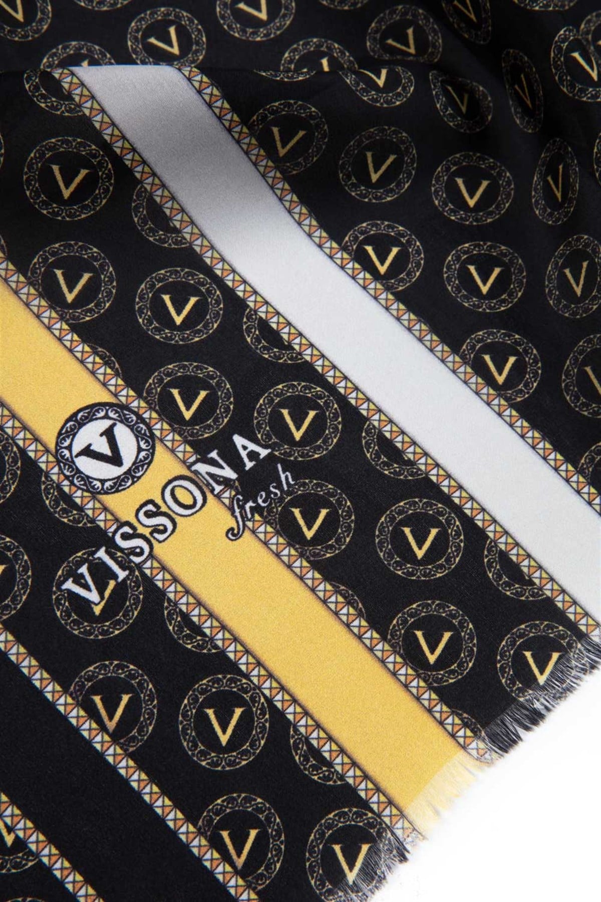 %100 İpek Monogram Desenli Siyah - Gold Renkli 92x210 Şal
