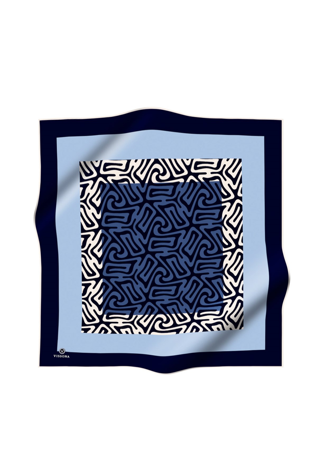 100% Twill İpek Bordürlü Dalga Desenli İndigo - Lacivert Renkli 90x90 Dikim Şekli : El Dikişi Eşarp