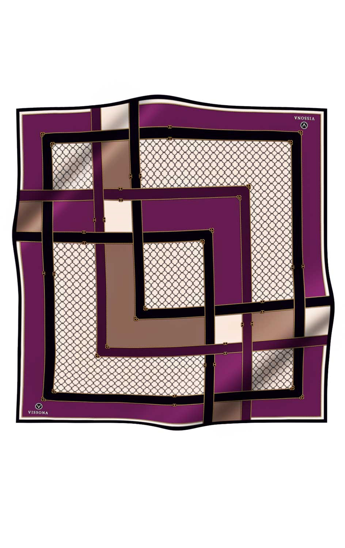 %100 Twill İpek Geometrik Desenli Mürdüm - Siyah Renkli 90x90 Eşarp Dikim Şekli : El Dikişi