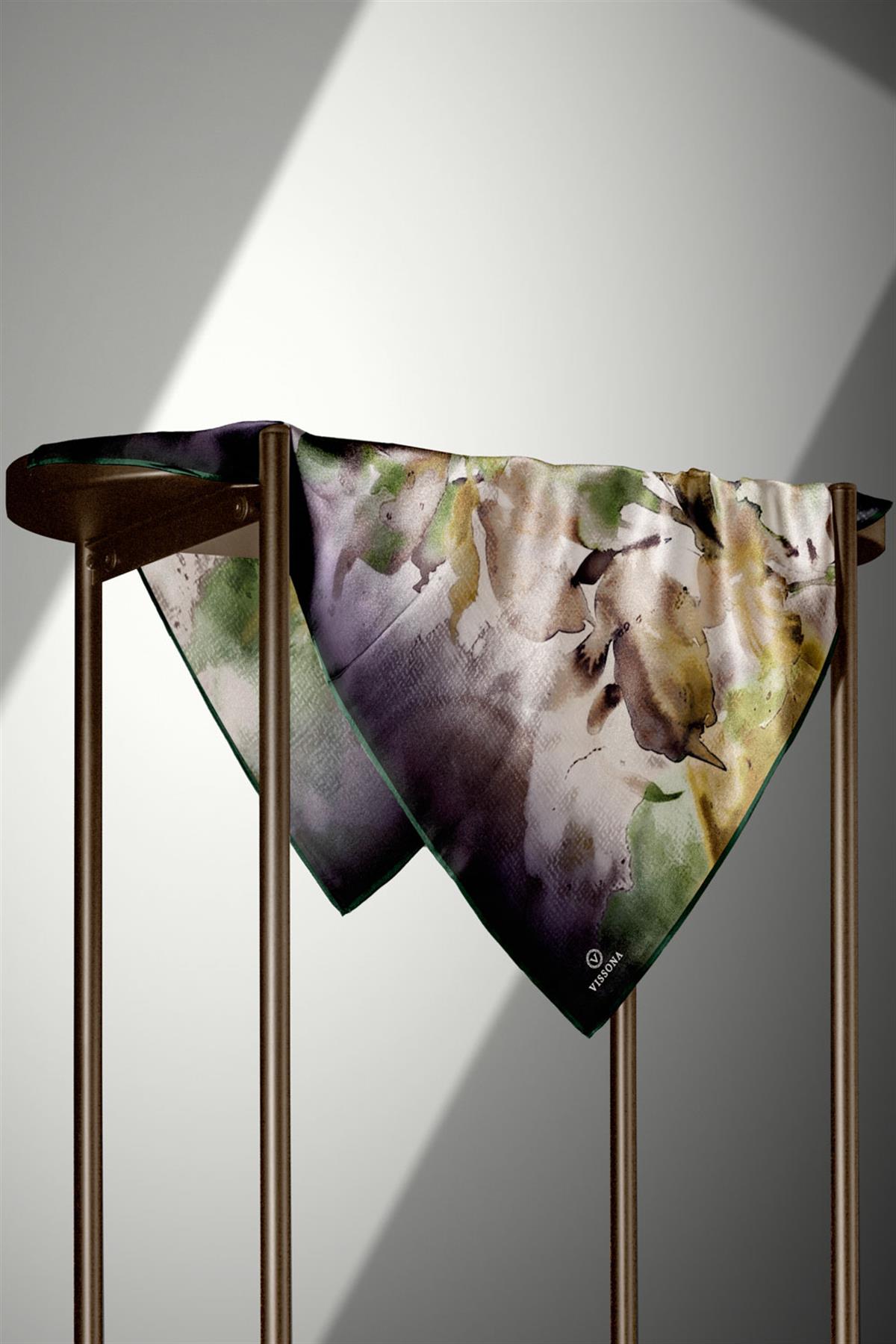 %100 Twill İpek Suluboya Çiçek Desenli Hardal - Haki Renkli 90x90 Eşarp Dikim Şekli : El Dikişi