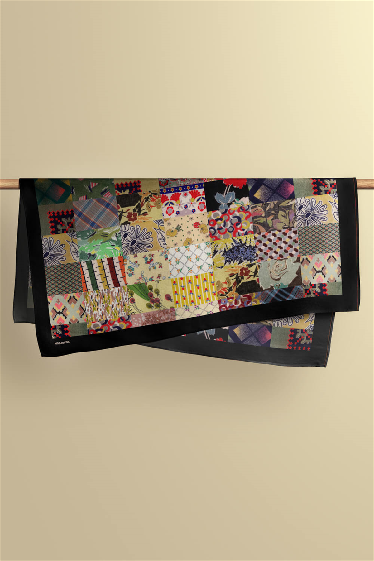 D99 Kadın Patchwork Desenli Bandana 50x50 Yeşil Sarı DG0259-22