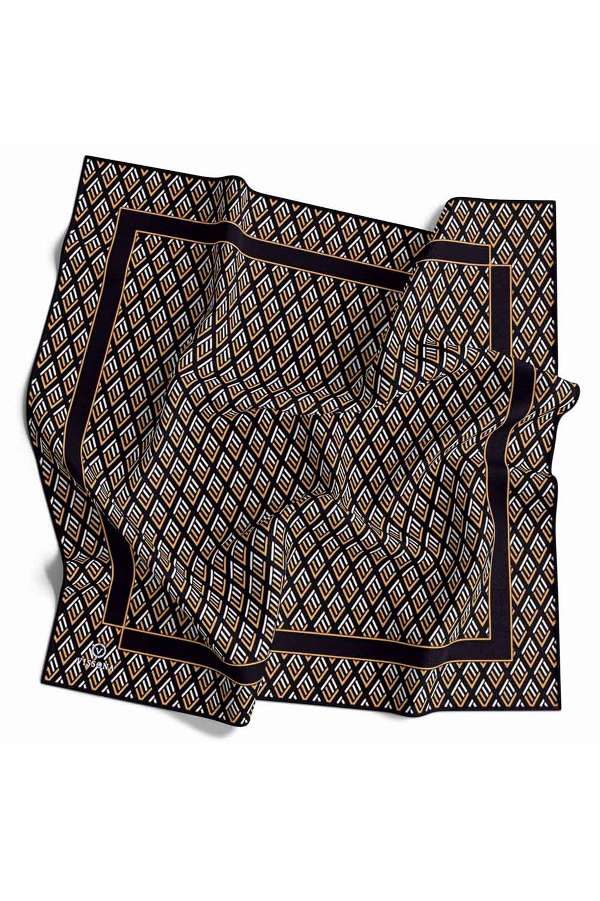 % 57 İPEK % 43 VİSKON Twill İpek Geometrik Desenli Siyah - Gold Renkli 90x90 Eşarp Dikim Şekli : El Dikişi
