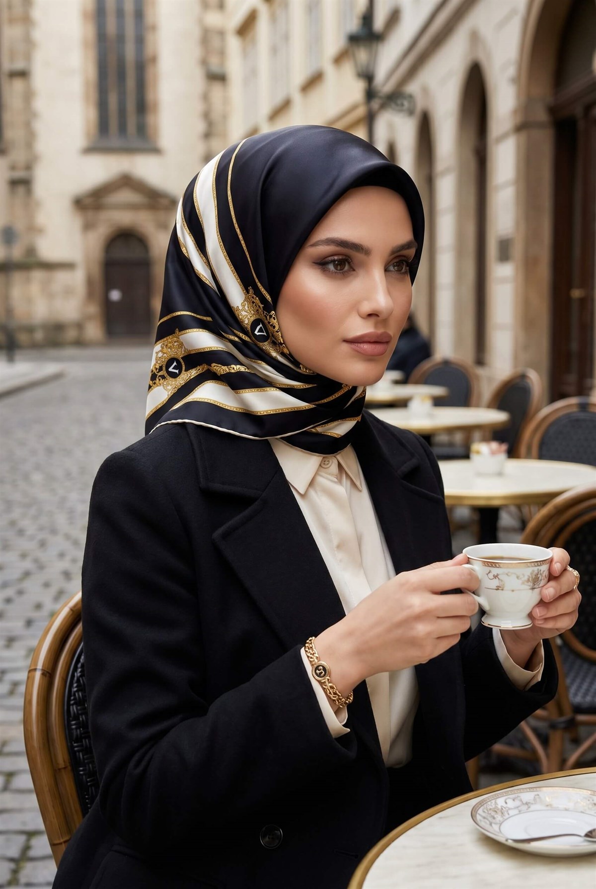 %100 Twill İpek Barok Ve Şerit Desenli Siyah - Krem Renkli 90x90 Eşarp Dikim Şekli : El Dikişi