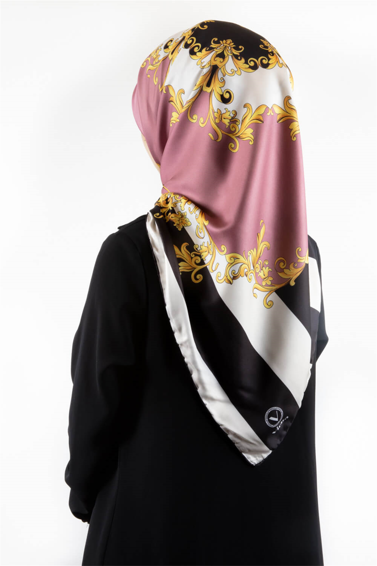 Twill Çizgili Barok Desenli Pudra Renkli 90x90 Eşarp (İpek İçermez)