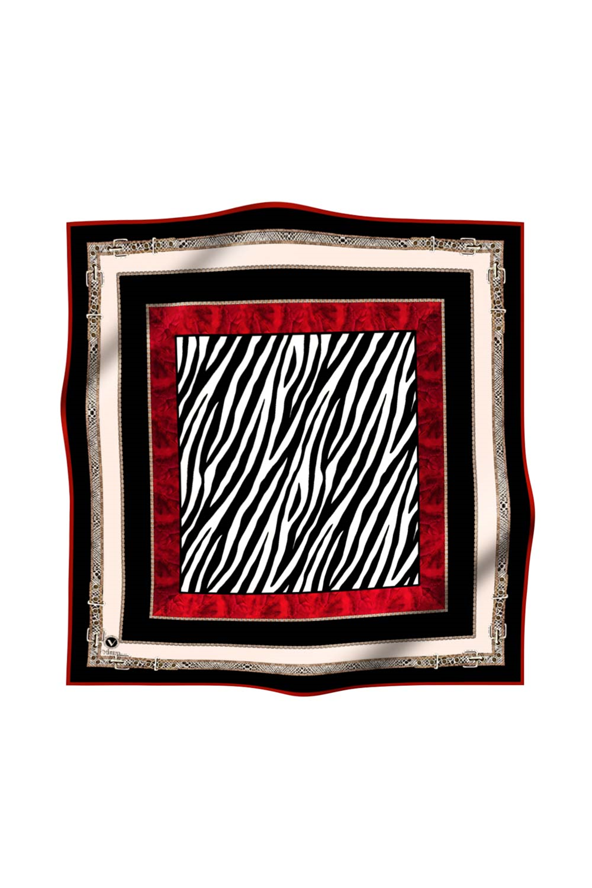 Twill Kemer Bordürlü Zincir Desenli Kırmızı Renkli 90x90 Eşarp (İpek İçermez) Kenar Dikiş Şekli El Dikişli