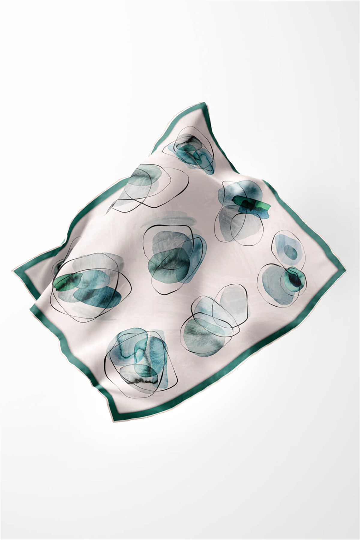 Twill Sulu Boya Geometrik Desenli Petrol Yeşili Renkli 90x90 Eşarp (İpek İçermez) Kenar Dikiş Şekli El Dikişli