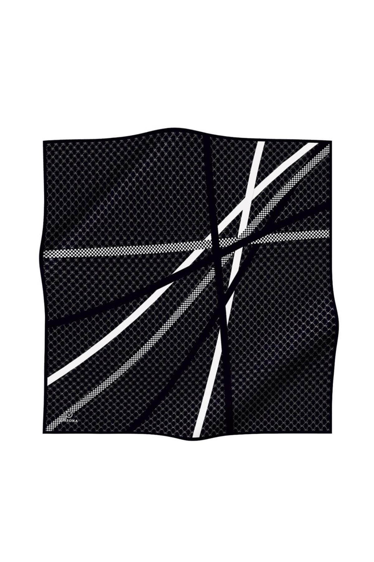 %100 Twill İpek Monogram Ve Şerit Desenli Siyah - Krem Renkli 90x90 Eşarp Dikim Şekli : El Dikişi