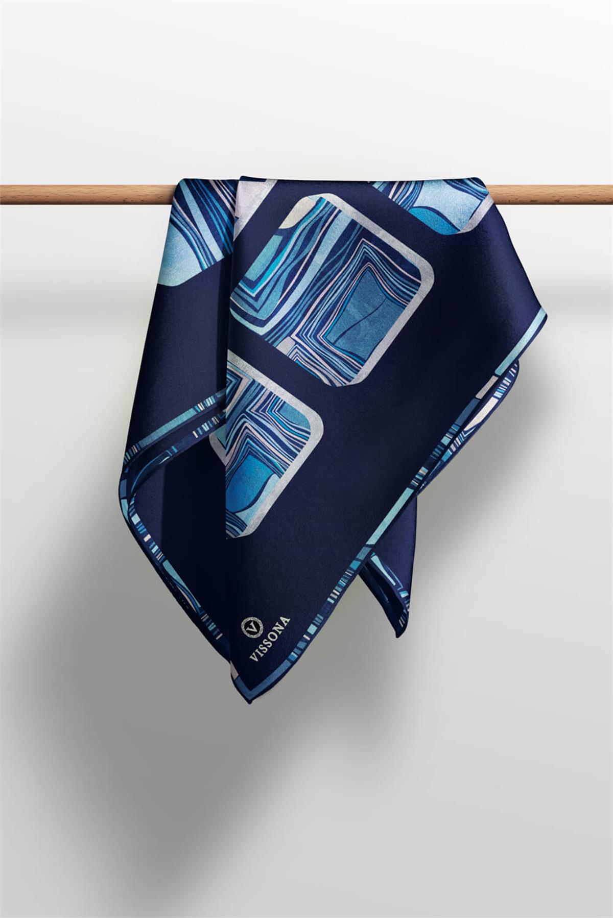 %100 Twill İpek Geometrik Kare Desenli İndigo - Lacivert Renkli 90x90 Eşarp Dikim Şekli : El Dikişi