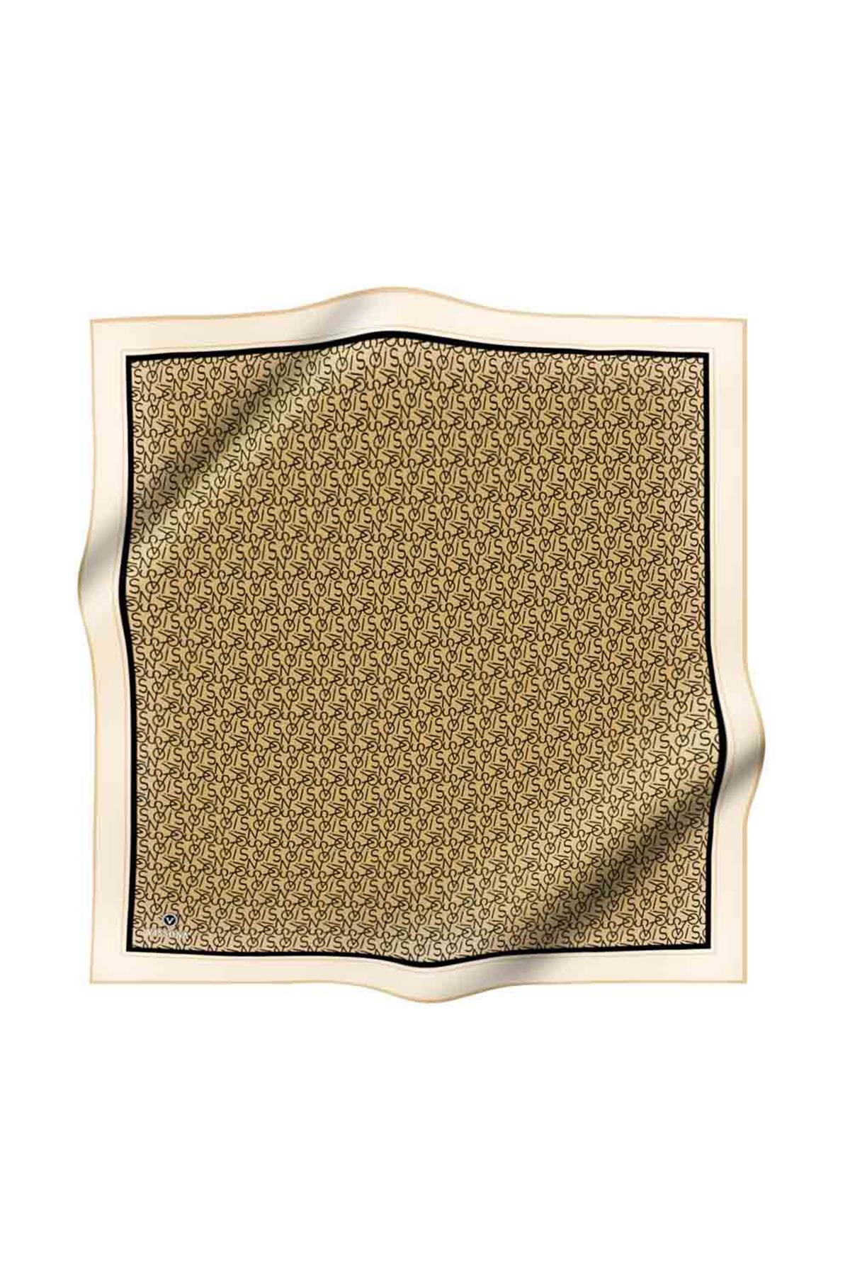 %100 Twill İpek Harf Desenli Gold - Siyah Renkli 90x90 Eşarp Dikim Şekli : El Dikişi