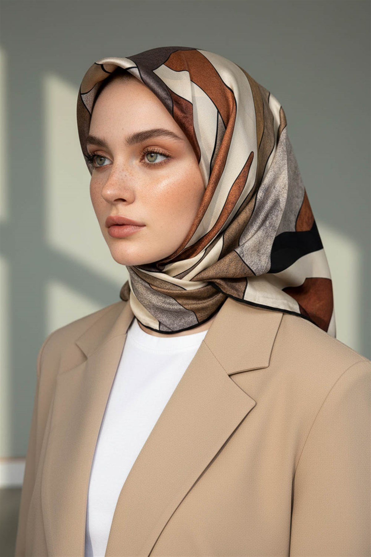 %100 Twill İpek Geometrik Desenli Bej - Taba Renkli 90x90 Eşarp Dikim Şekli : El Dikişi