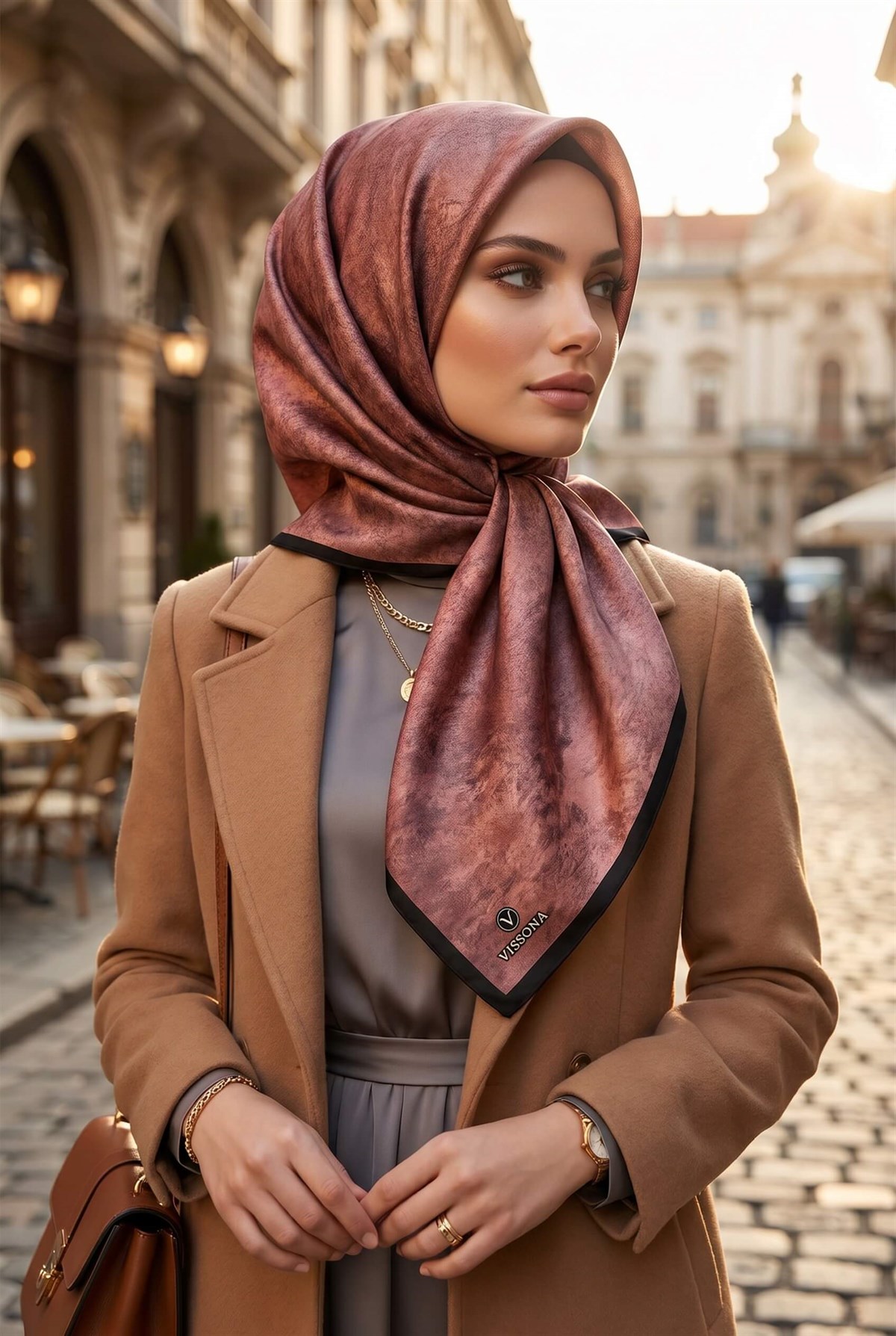 %100 Twill İpek Doku Desenli Gül Kurusu Renkli 90x90 Eşarp Dikim Şekli : El Dikişi