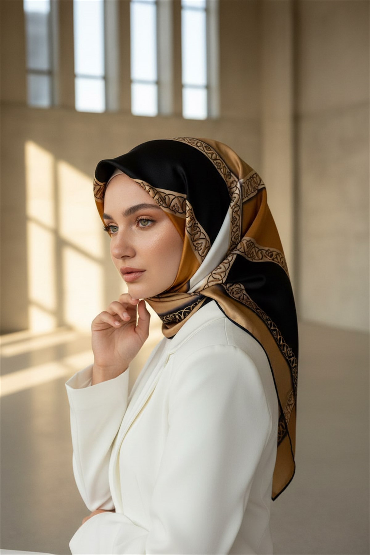 %100 Twill İpek Geometrik Desenli Gold - Siyah Renkli 90x90 Eşarp Dikim Şekli : El Dikişi