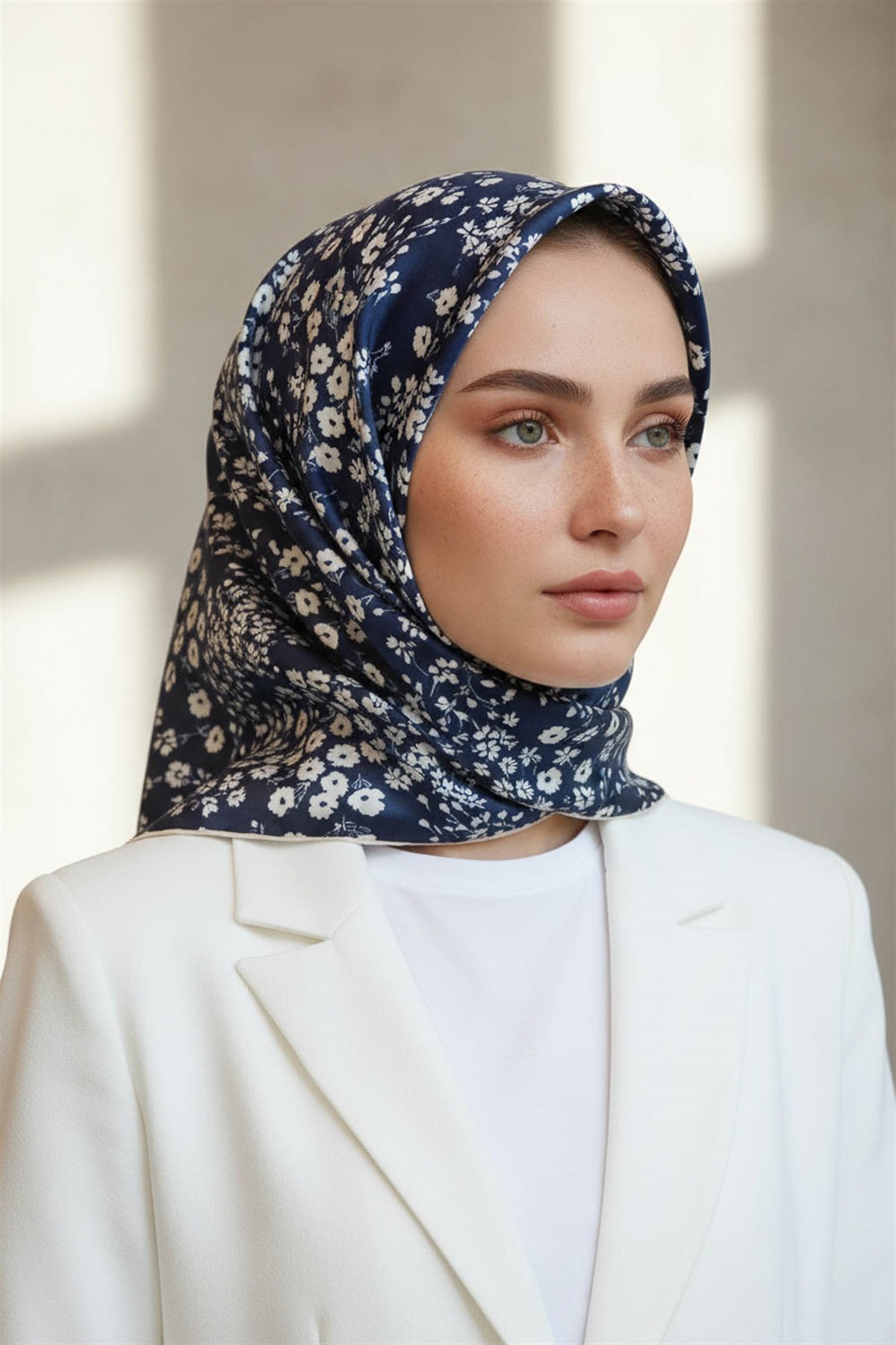 %100 Twill İpek Çıtır Çiçek Desenli Lacivert - Krem Renkli 90x90 Eşarp Dikim Şekli : El Dikişi