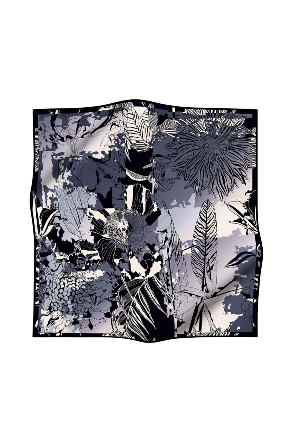 %100 Twill İpek Yaprak Desenli Gri - Siyah Renkli 90x90 Eşarp Dikim Şekli : El Dikişi