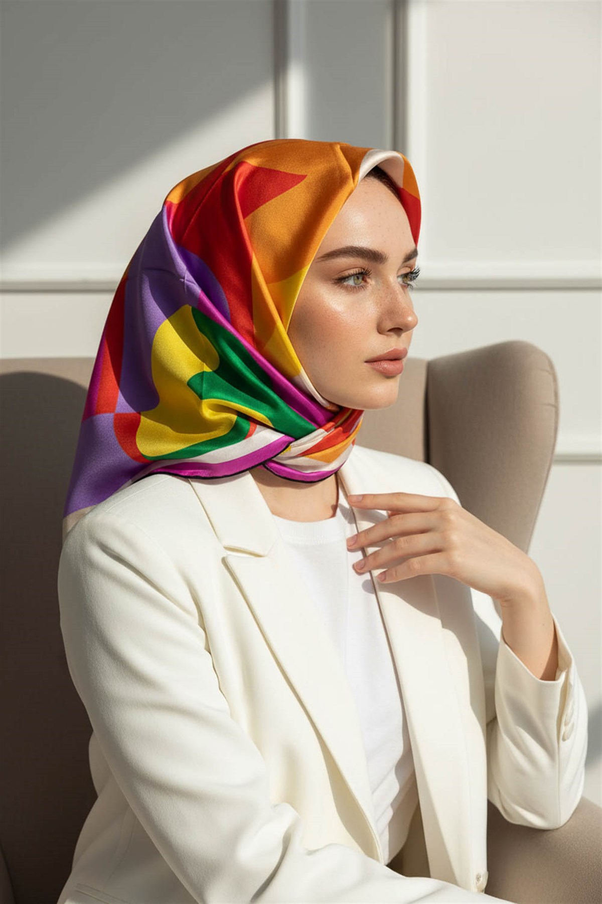 %100 Twill İpek Geometrik Desenli Fuşya Renkli 90x90 Eşarp Dikim Şekli : El Dikişi