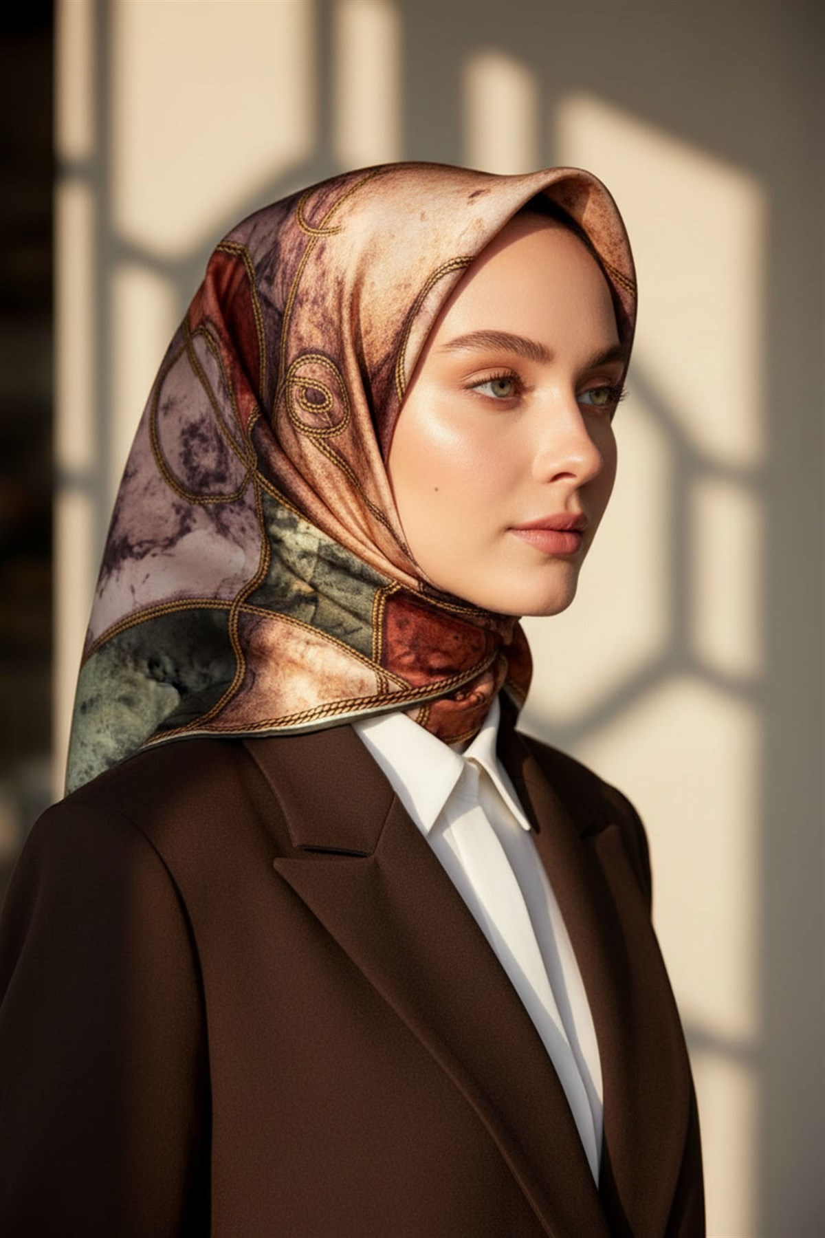 %100 Twill İpek Zincirli Mermer Desenli Haki - Bakır Renkli 90x90 Eşarp Dikim Şekli : El Dikişi