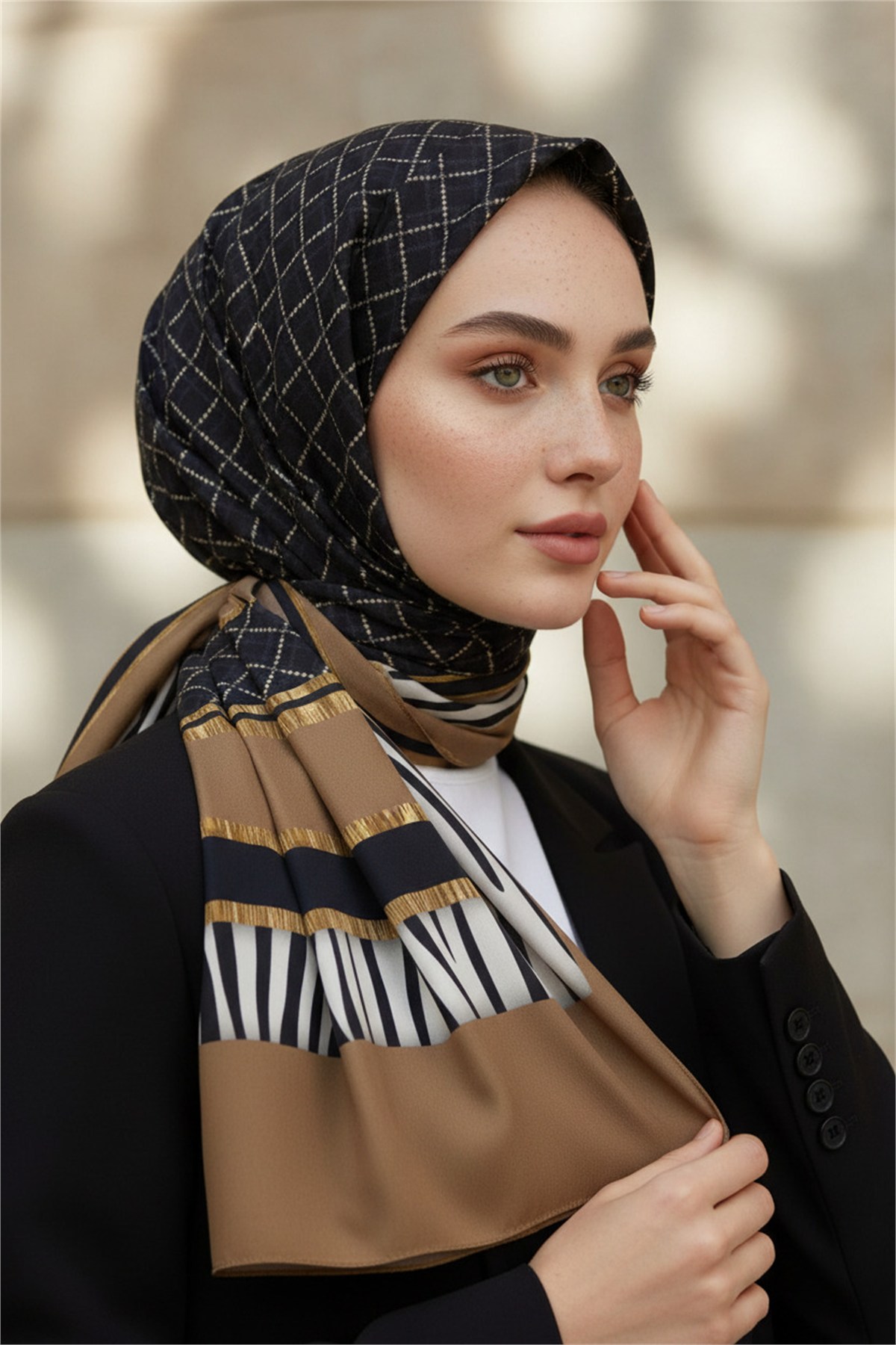 KREP ZEBRALI BAKLAVA DESENLİ VİZON RENKLİ 75X195 KIRIŞMAZ ŞAL