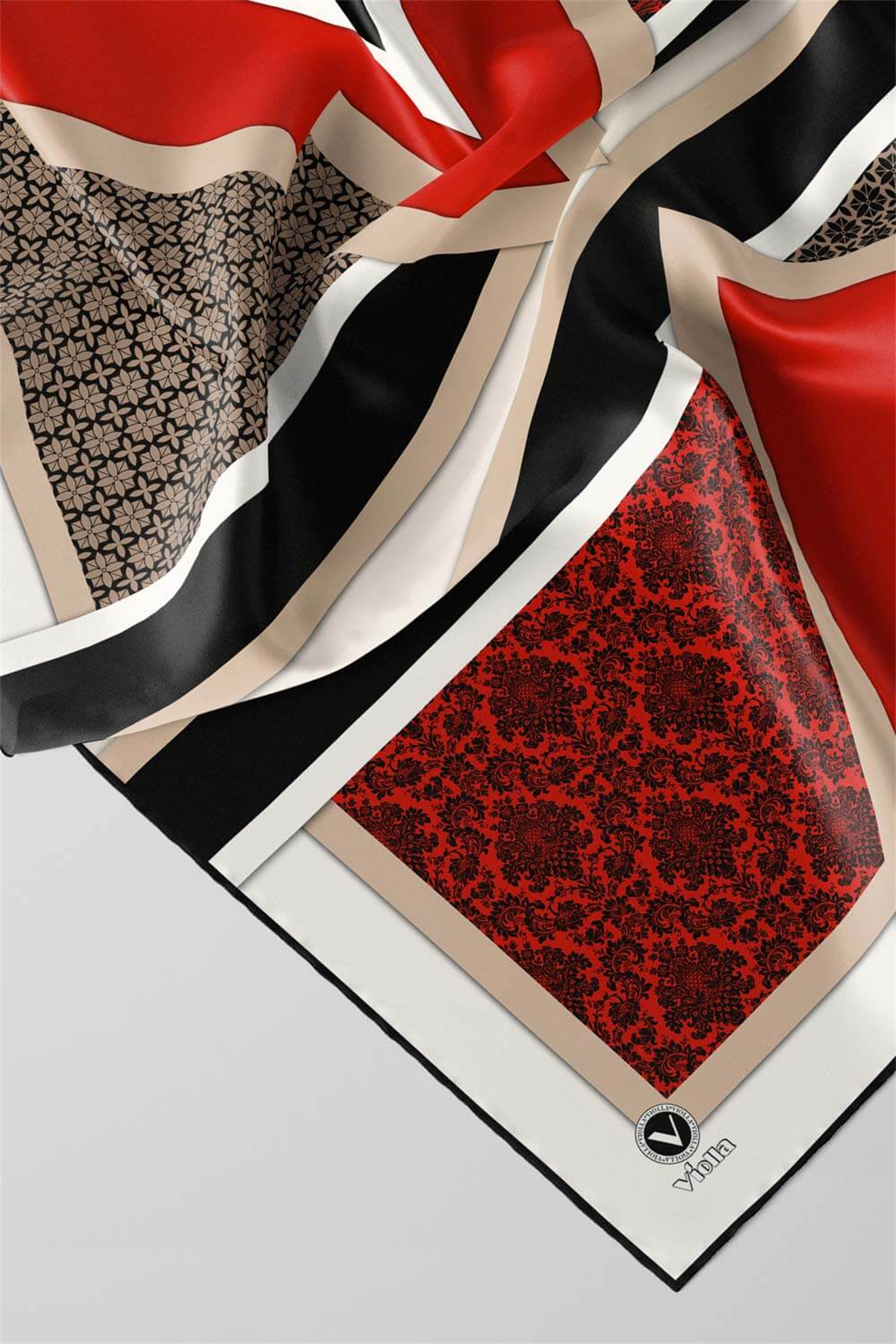 Twill Geometrik Barok Desenli Kırmızı - Siyah Renkli 90x90 Eşarp (İpek İçermez) Kenar Dikiş Şekli El Dikişli