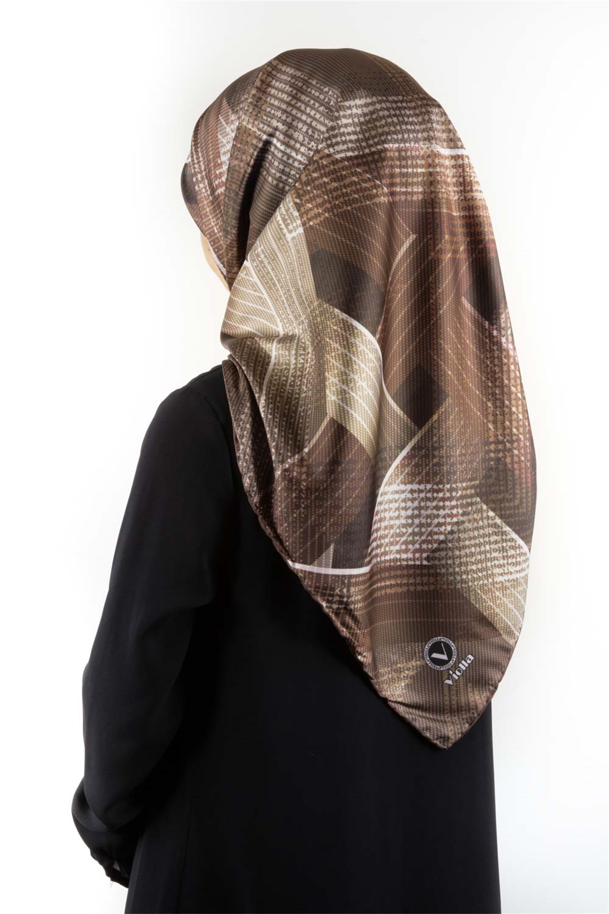Twill Dokulu Geometrik Desenli Vizon Renkli 90x90 Eşarp (İpek İçermez) Kenar Dikiş Şekli El Dikişli