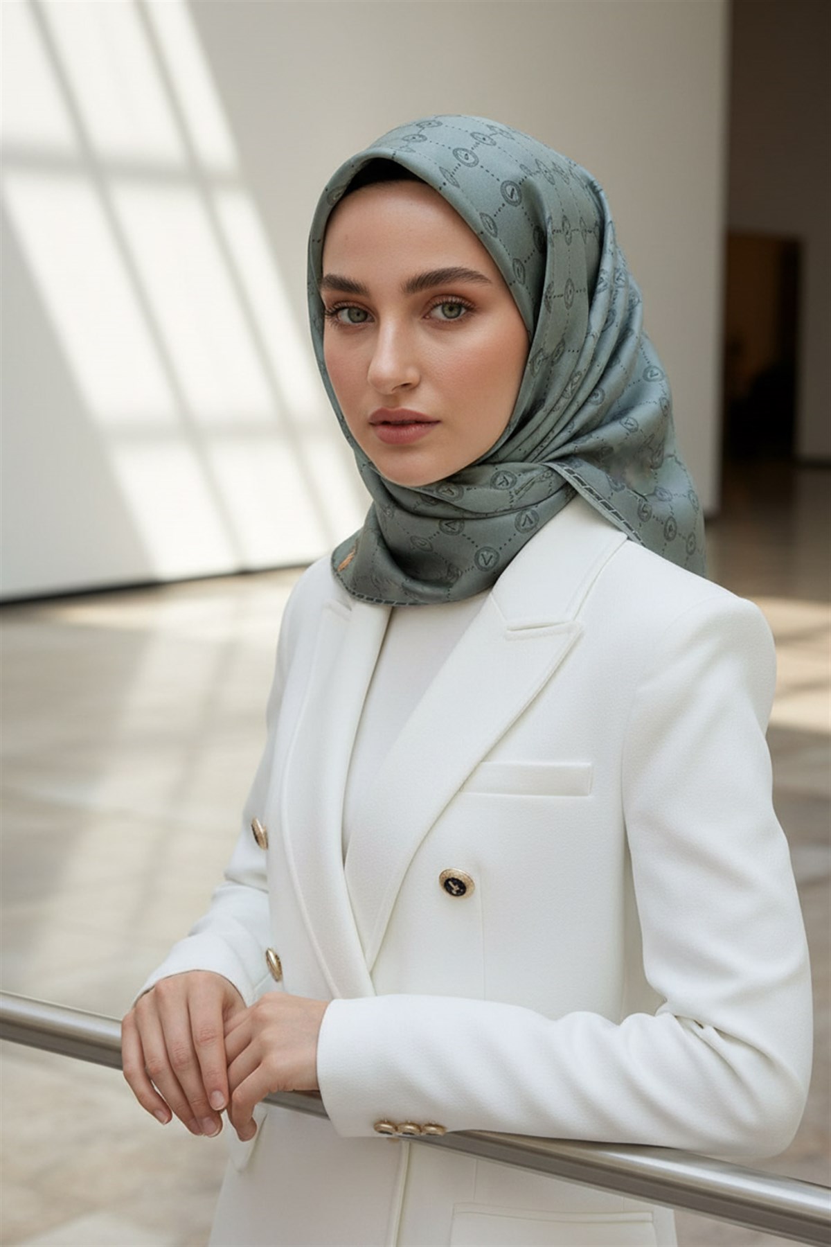 %100 Twill İpek Zincirli Ve Monogram Desenli Mint Yeşili Renkli 90x90 Eşarp Dikim Şekli : El Dikişi