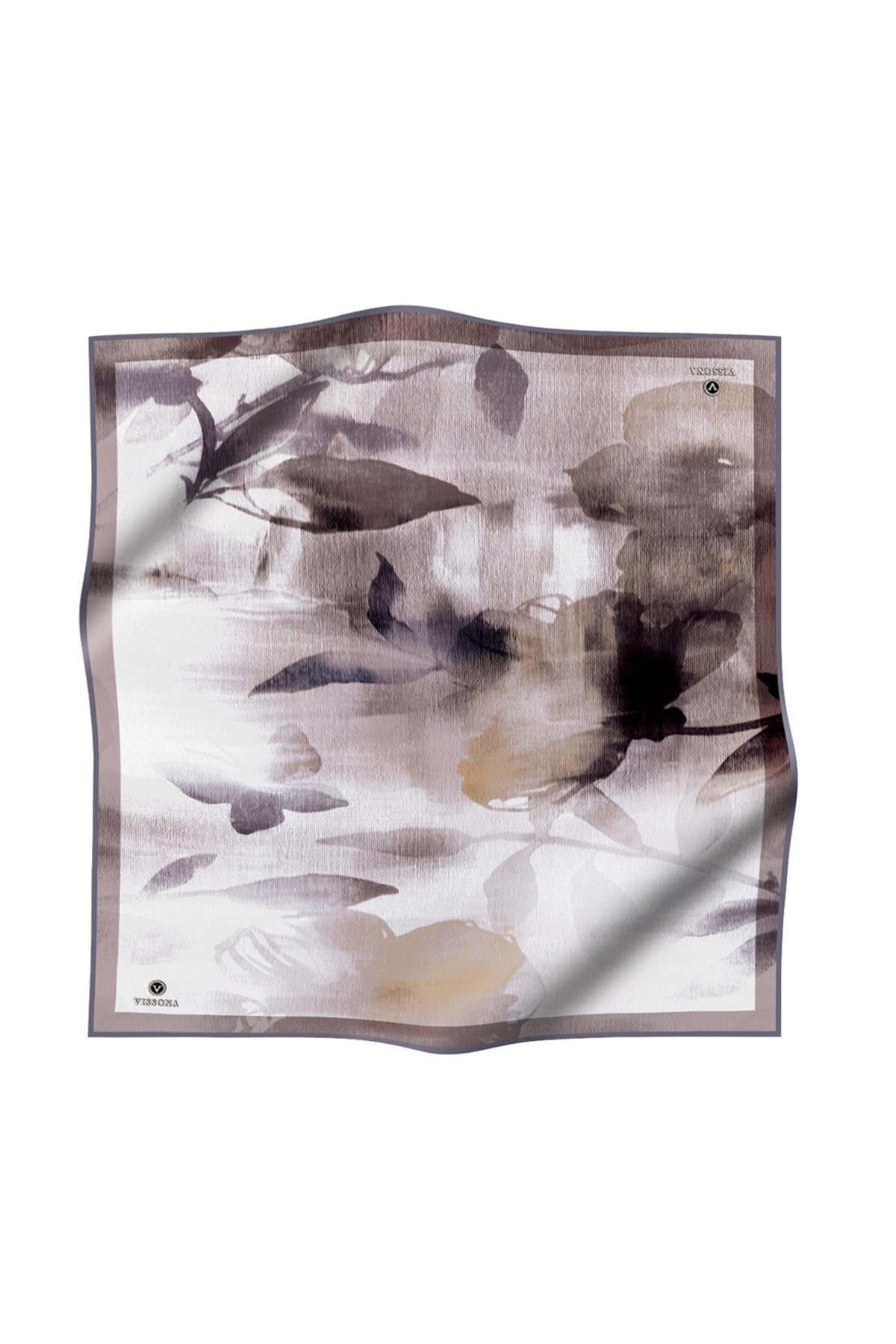 %100 Twill İpek Yaprak Desenl Gri - Bej Renkli 90x90 Eşarp Dikim Şekli : El Dikişi