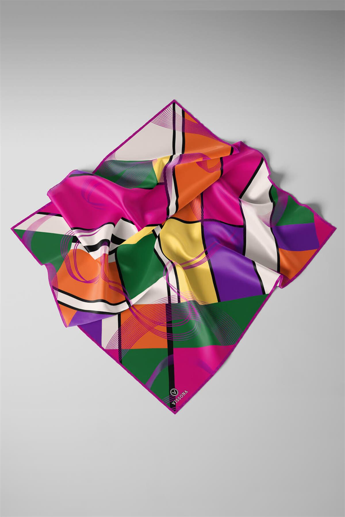 %100 Twill İpek Geometrik Desenli Fuşya - Mor Renkli 90x90 Eşarp Dikim Şekli : El Dikişi