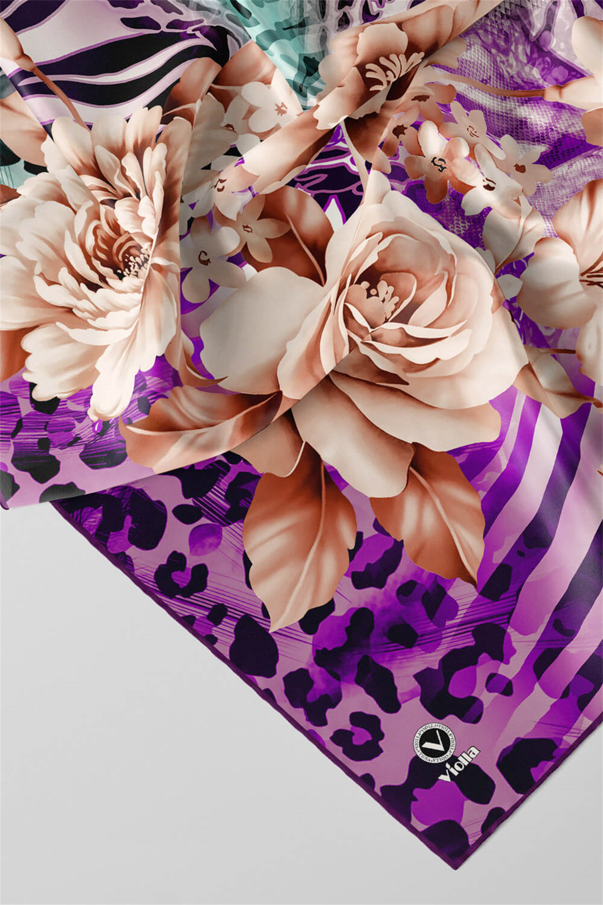Twill Renkli Şerit Desenli Mor Renkli 90x90 Eşarp (İpek İçermez) Kenar Dikiş Şekli El Dikişli