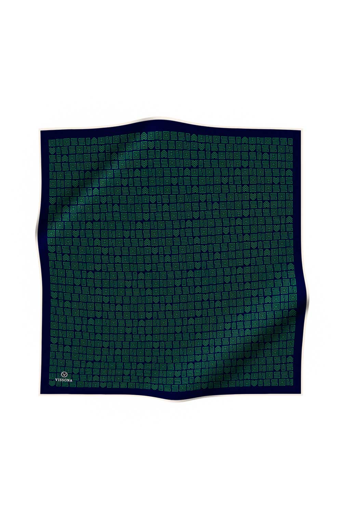 %57 İPEK %43 VİSKON Twill İpek Etnik Motif Desenli Zümrüt Yeşili - Lacivert Renkli 90x90 Eşarp Dikim Şekli : El Dikişi