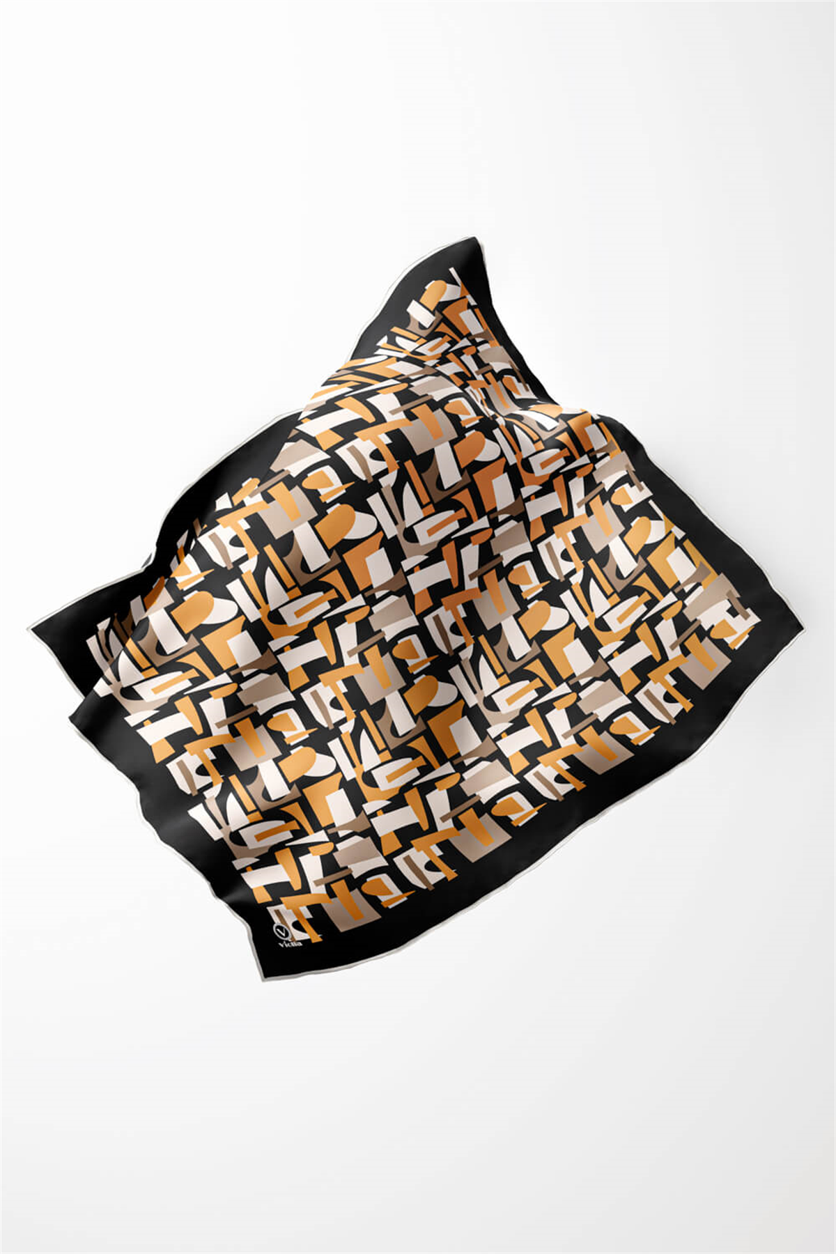 Twill Geometrik Desenli Hardal - Bej Renkli 90x90 Eşarp (İpek İçermez) Dikim Şekli : El Dikişi