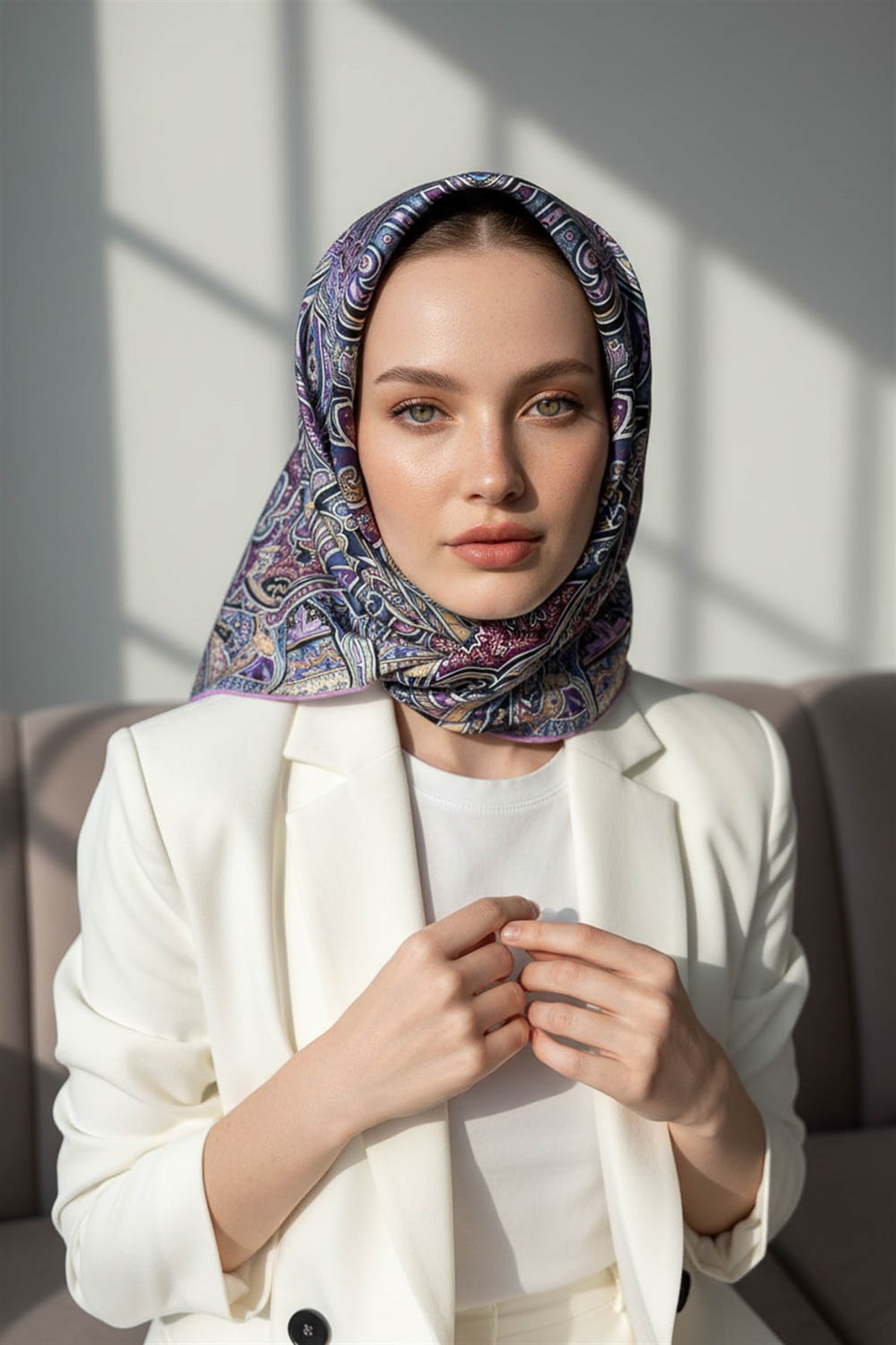 100% Twill İpek Etnik Desenli Lila Renkli 90x90 Dikim Şekli : El Dikişi Eşarp