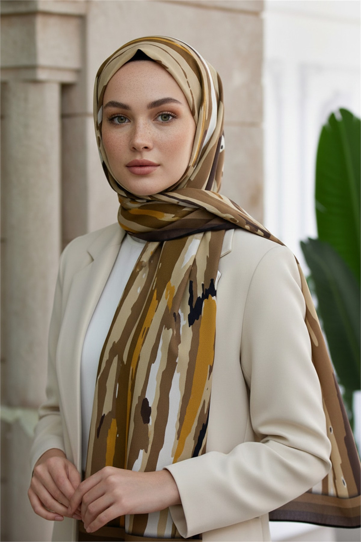 KREP GEOMETRİK DESENLİ BEJ RENKLİ 75X195 KIRIŞMAZ ŞAL