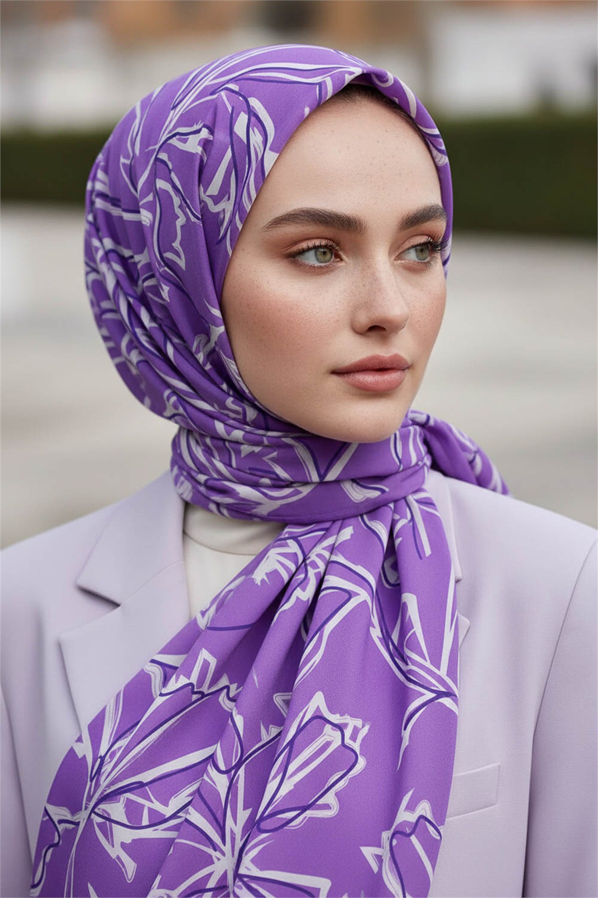KREP YAPRAK DESENLİ LİLA RENKLİ 75X195 KIRIŞMAZ ŞAL