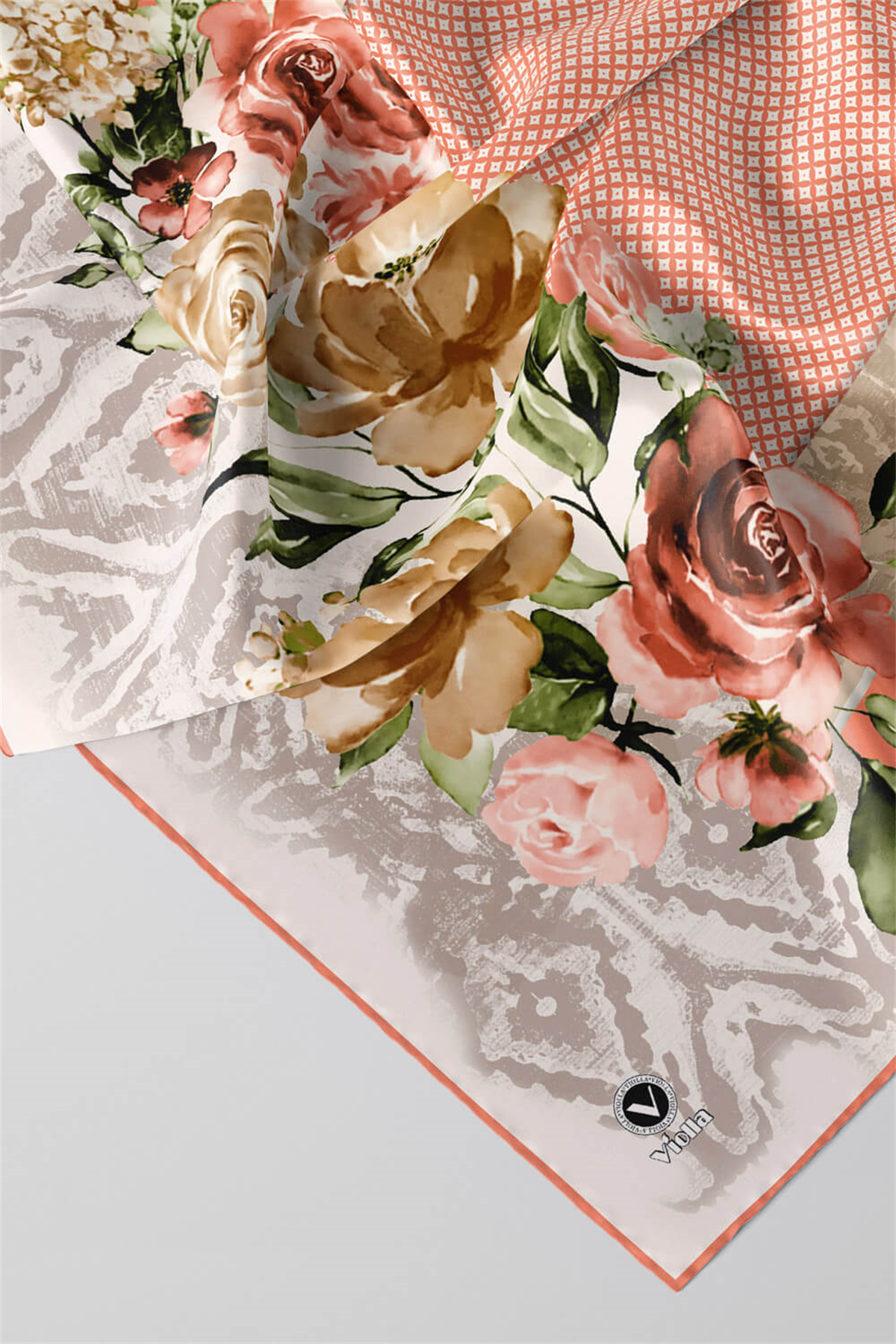Twill Çiçek Desenli Somon Renkli 90x90 Eşarp (İpek İçermez) Kenar Dikiş Şekli El Dikişli