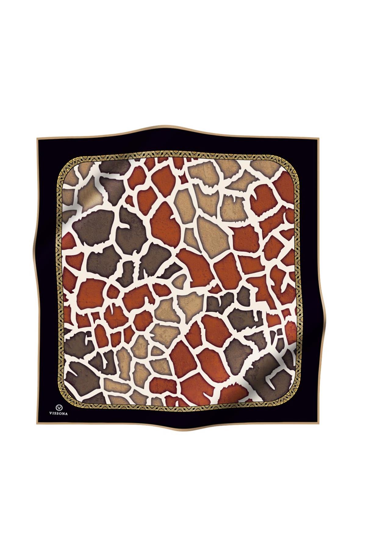 %100 Twill İpek Zürafa Desenli Taba - Vizon Renkli 90x90 Eşarp Dikim Şekli : El Dikişi