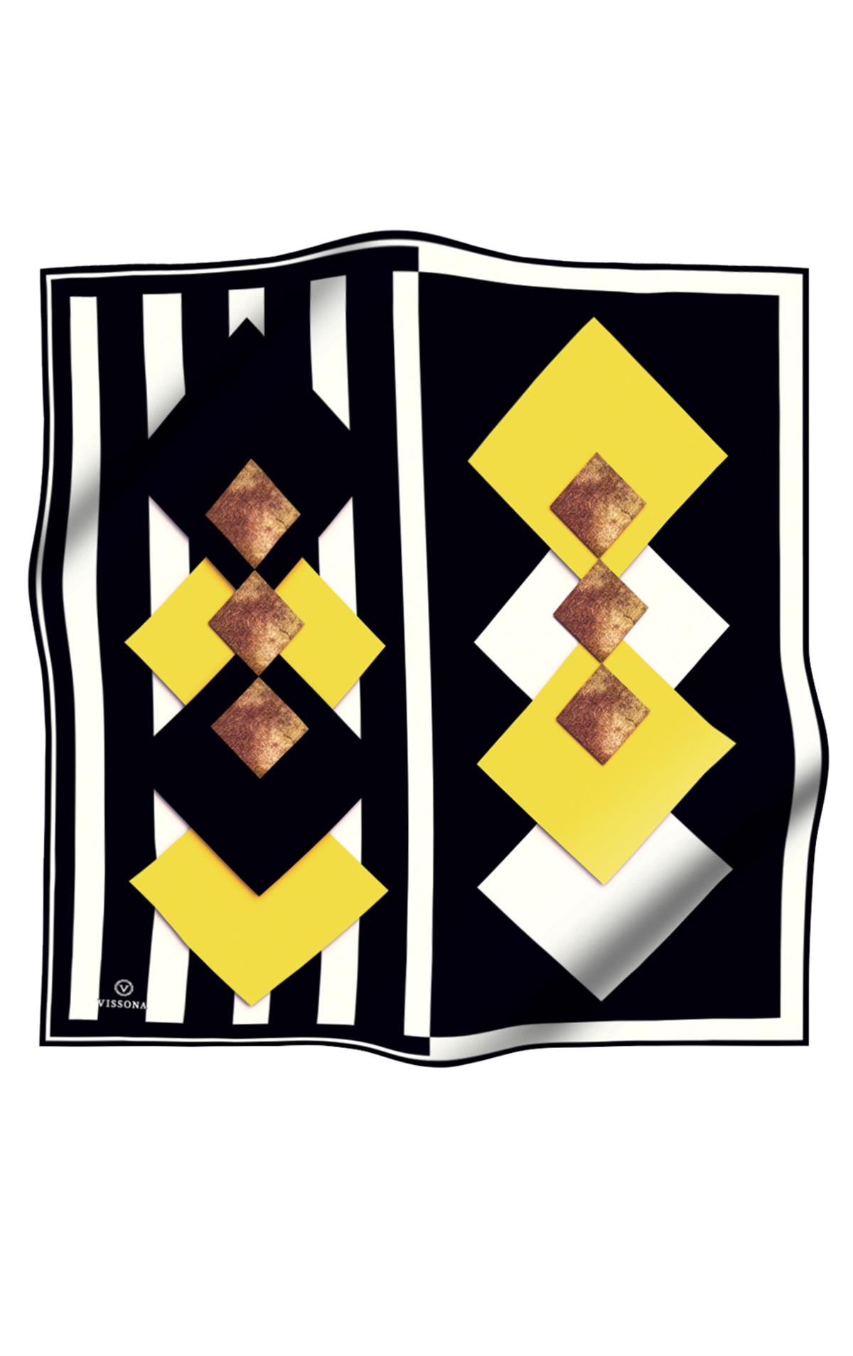 %100 Twill İpek Karo Desenli Limon Sarısı - Siyah Renkli 90x90 Eşarp Dikim Şekli : El Dikişi