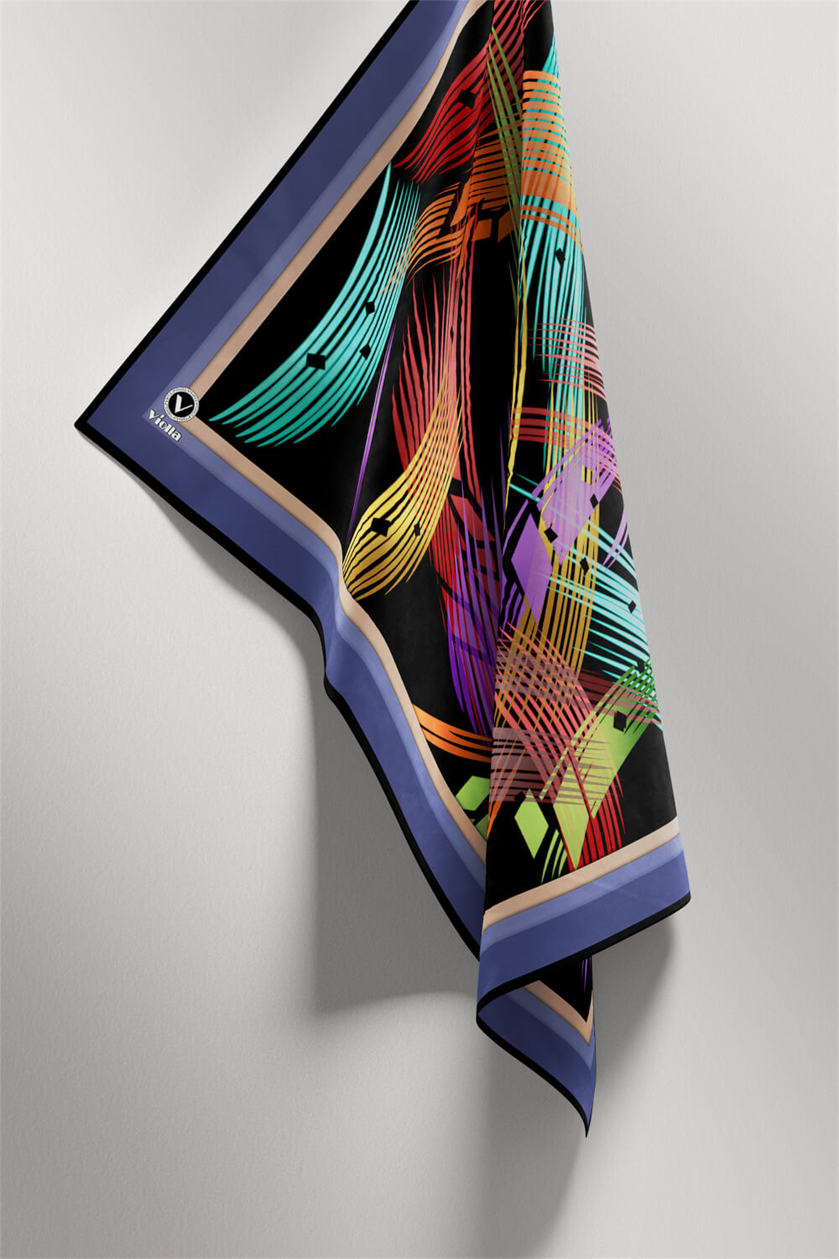 Twill Geometrik Desenli İndigo Renkli 90x90 Eşarp (İpek İçermez) Kenar Dikiş Şekli El Dikişli