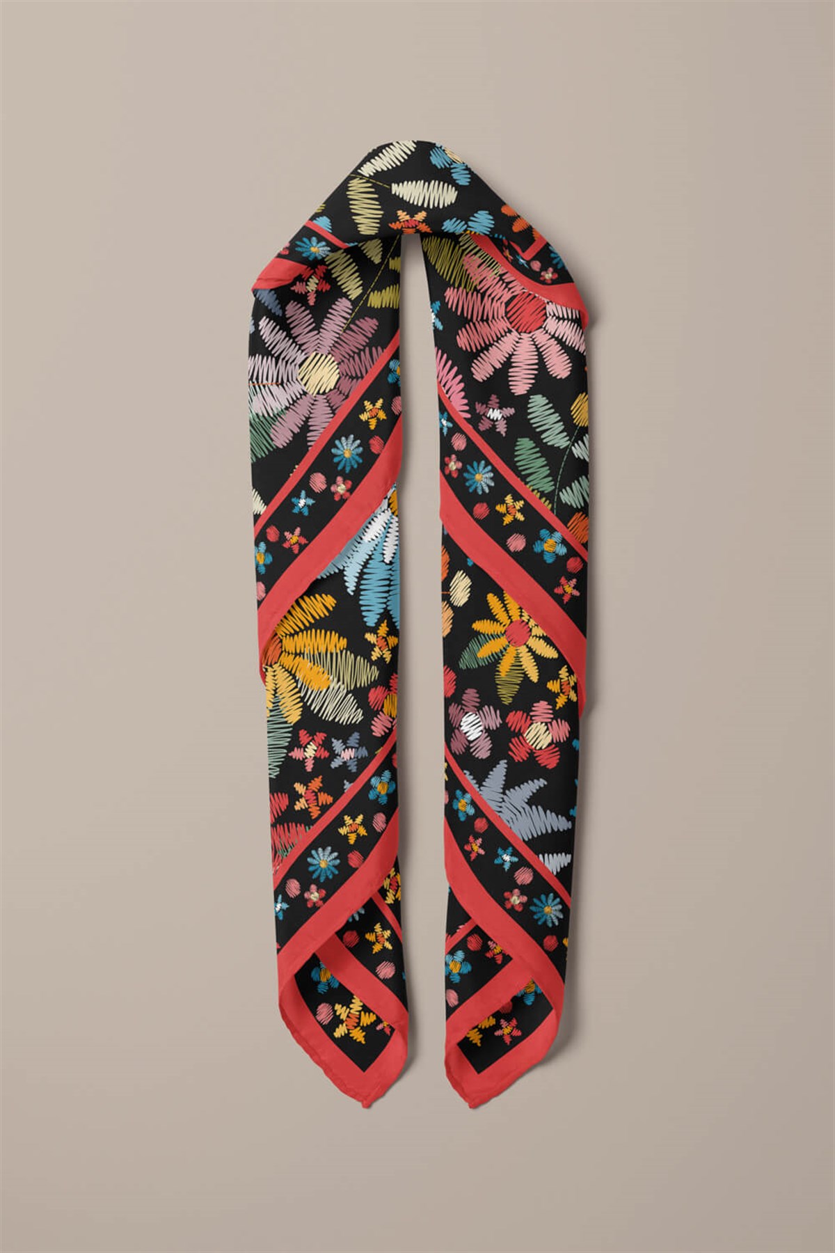 %100 İpek Nakış Çiçek Desenli Kadın Bandana